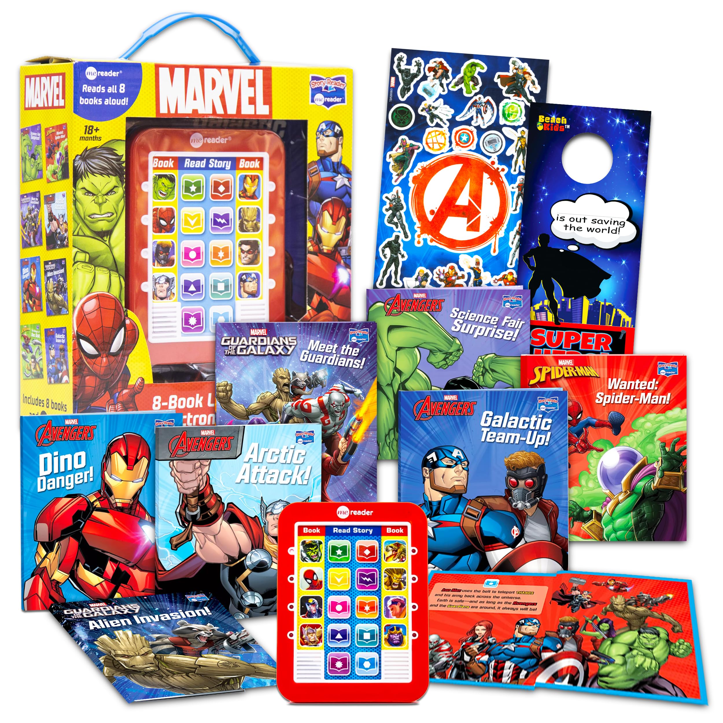 Marvel Superheroes Me Reader elektroniczny czytnik 8 książek, zestaw książek Marvel Avengers dla małych dzieci, z Iron Manem, Hulkiem, Spidermanem i innymi, z naklejkami (zabawki edukacyjne Marvel)