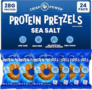 Crisp Power High Protein Pretzels, Sea Salt, High Protein Snack, 28G Protein, Low Carb, Crunchy, No Added Sugar, Keto-Friendly Snack, 1.75 oz Bags, 24 Pack, Vegan, Plant-Based, Keto