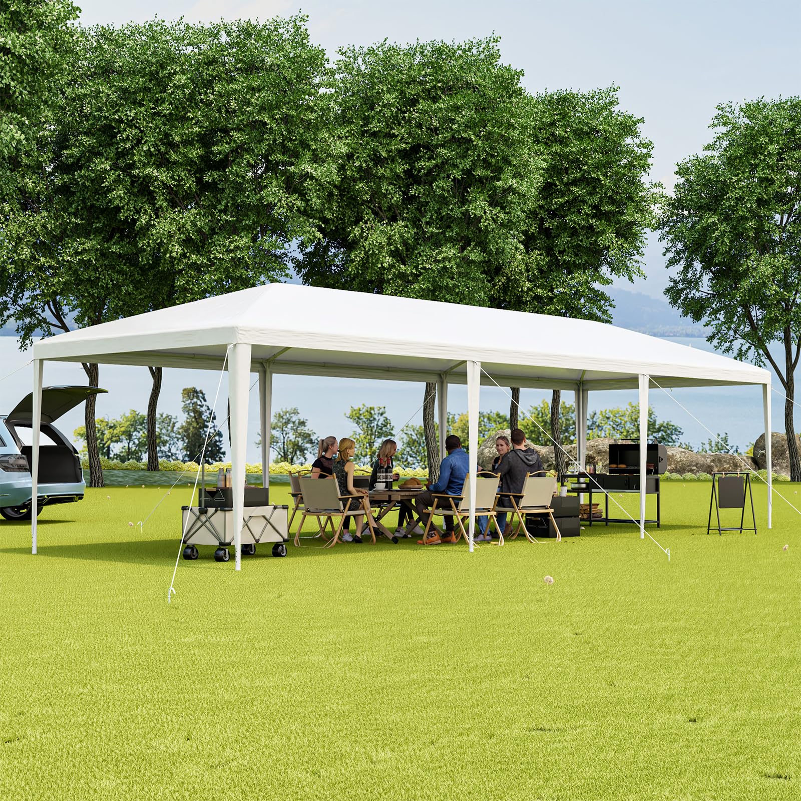 KOMFOTTEU Pawilon ogrodowy, 3 x 9 m, namiot imprezowy z 8 ścianami bocznymi, składany pawilon z metalową ramą, namiot piwny z ochroną UV, namiot biesiadny na imprezę, wesele, biały