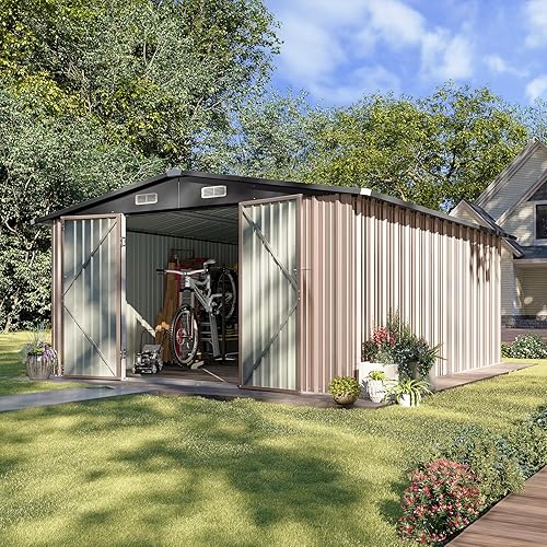 Vista 42 de Aoxun Cobertizo de almacenamiento al aire libre de 80 pies cúbicos impermeable para jardín, cobertizo de herramientas de metal, color marrón