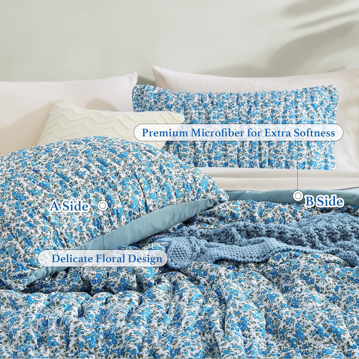 Queen Comforter Set - 7 Pieces Blue Classic Puff Floral Bedding Sets for All Seasons, Shabby Chic Farmhouse Bed in a Bag Queen with Wildflowers Fluffy Comforter, Sheets, Pillowcases & Shams - Image 6