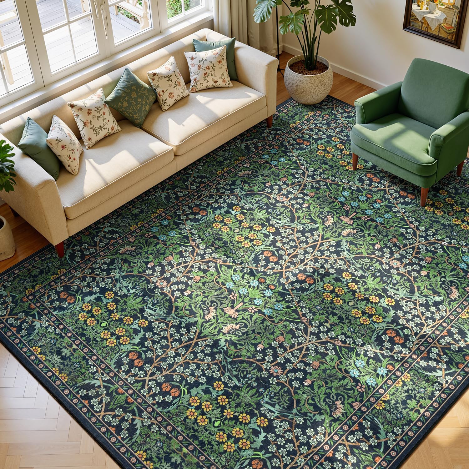 Lessymo Floral Living Room Rug 8x10 Area Rugs, Vintage Forest Washable Rugs for Dining Room Bedroom, Low Pile Non Slip Rubber Green Mat, Distressed Retro Indoor Boho Carpet, Forest Green