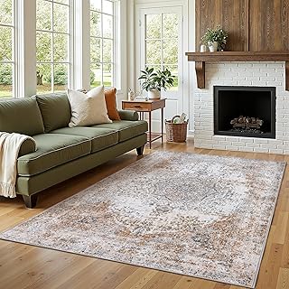 JINCHAN Area Rug 152x213CM Washable Living Room Rug Vintage Distressed Lightweight Thin Retro Indoor Floor Cover Non Slip Floral Carpet for Bedroom Dining Room Bathroom Kitchen Office Taupe