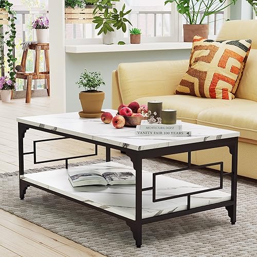 Miniatura 6 de Yongchuang Mesa auxiliar rectangular mármol sintético blanco de 42 pulgadas con estante de almacenamiento mesa de centro de metal de madera de 2