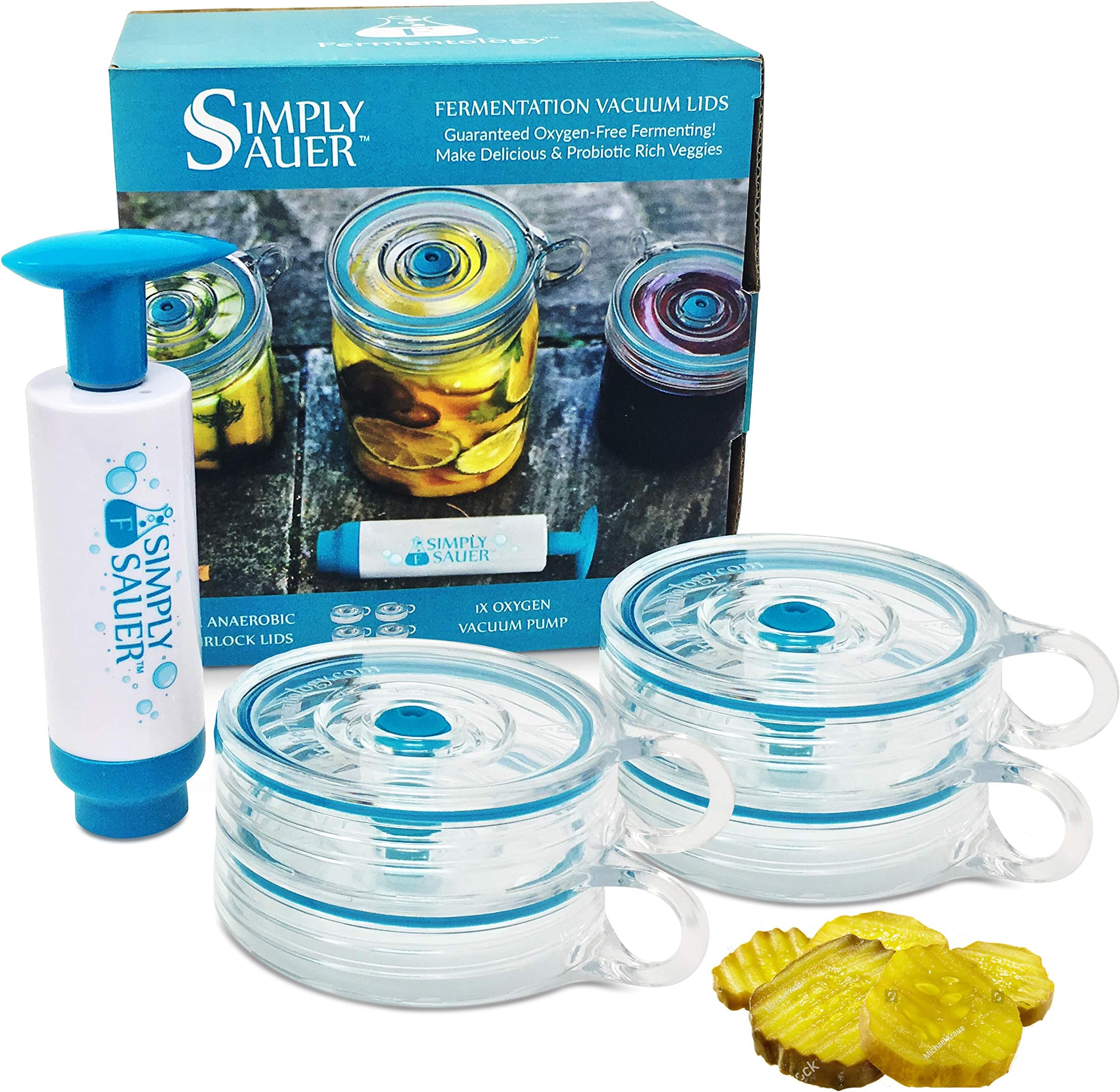 Simply Sauer Vegetable Fermentation Kit for Wide Mouth Mason Jars - Oxygen Pump and Airlocks - 5 Piece Kit