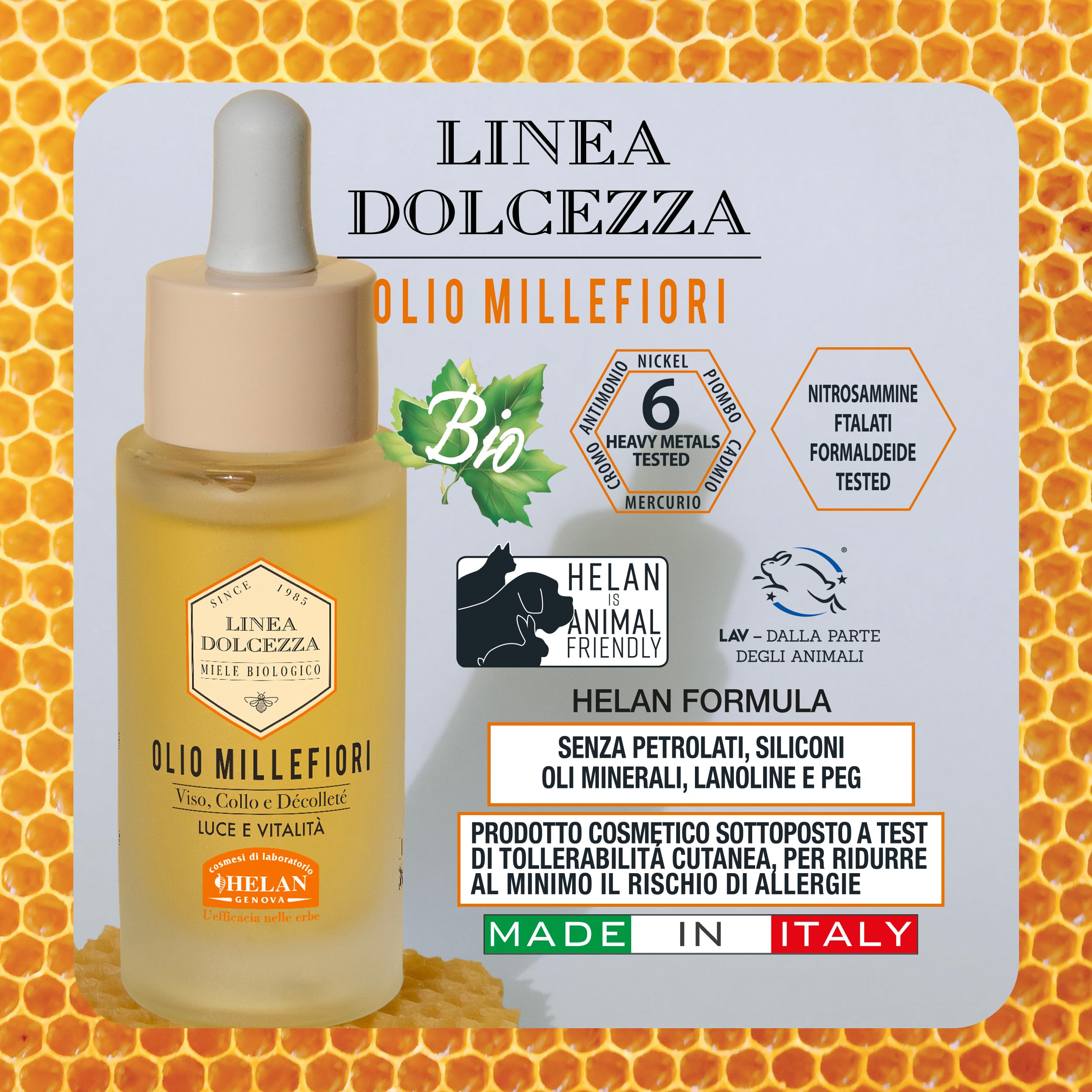 Helan Linea Dolcezza - Olio Viso, Collo e Décolleté Millefiori, Idratante e Antirughe, con Cera d’Api e Propolis, Olio Secco a Rapido Assorbimento - Prodotti Skincare Viso, Made in Italy, 30 ml