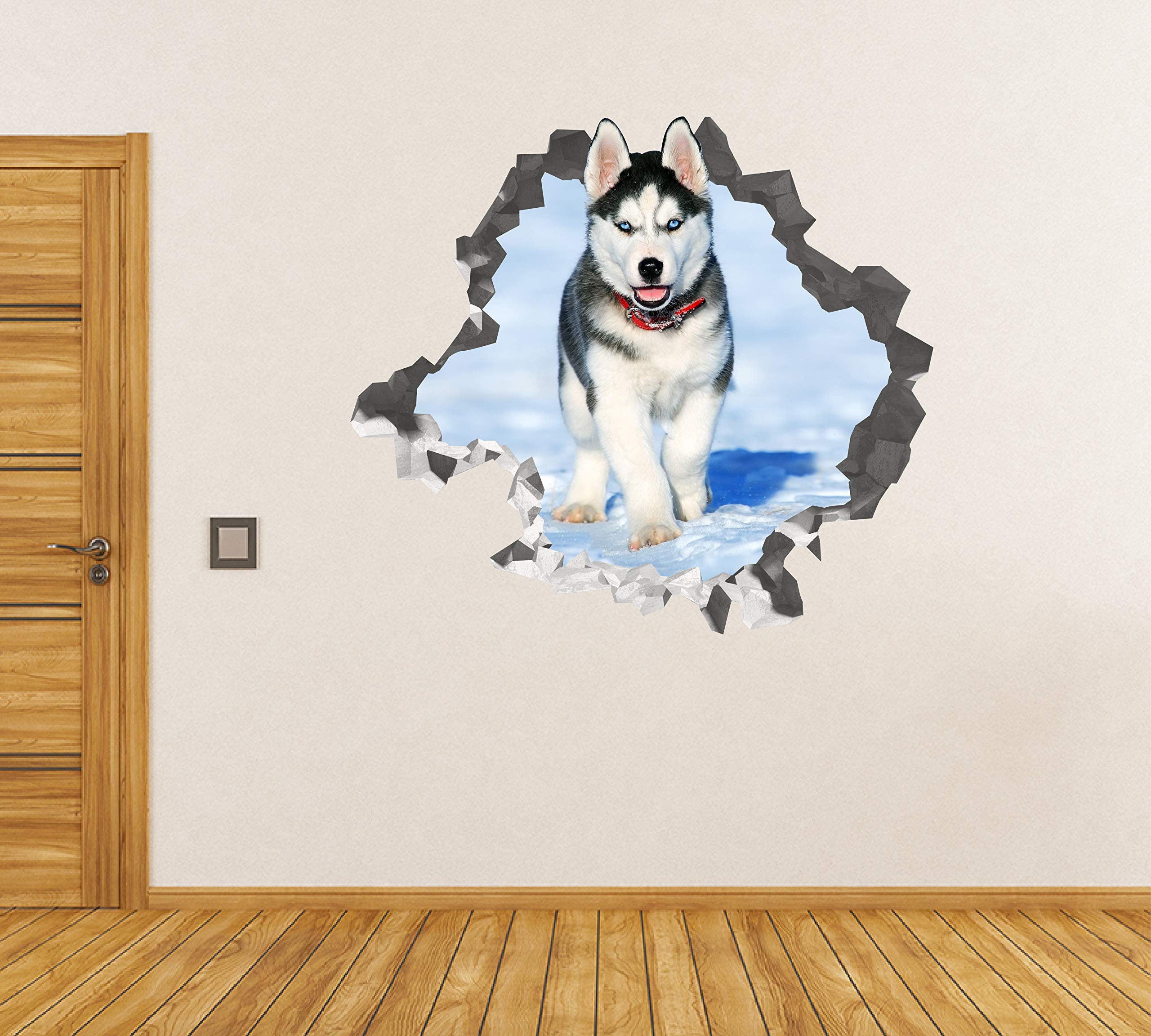 Husky Adorable Pegatina - Calcomania Animales - Decoración de Cuartos Niños - Sticker de Cachorro - Decoración Infantil - JS371 (Grande: 102 cm x 91 cm)