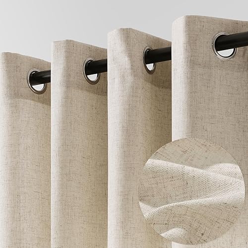 Cortinas de lino beige tostado de 84 pulgadas de largo, 2 paneles para dormitorio, con ojales, de arpillera de lino semitransparentes que filtran la