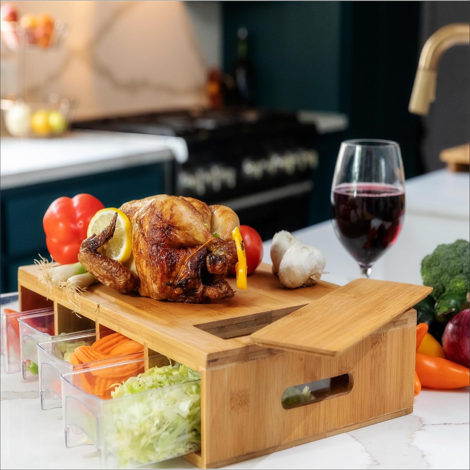 BAMBOO LAND- Large Bamboo Cutting Board with Containers, Food Prep Station, Cutting Board with Storage