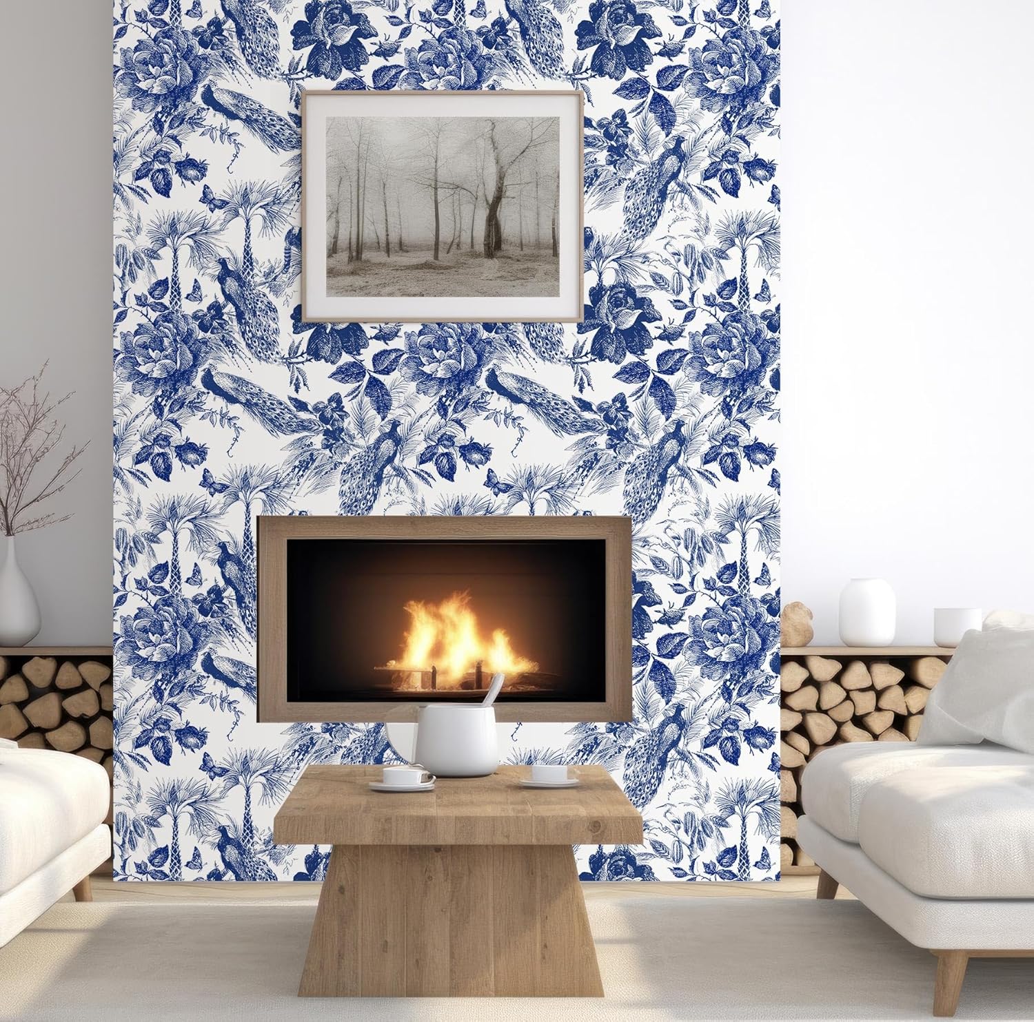 Toile Peacock Wallpaper – Blue and White Vintage Floral Wallpaper with Birds, Palms, and Roses – French Country Botanical Wall Paper for Bedroom, Living Room, or Accent Wall, 17.7in x 236in