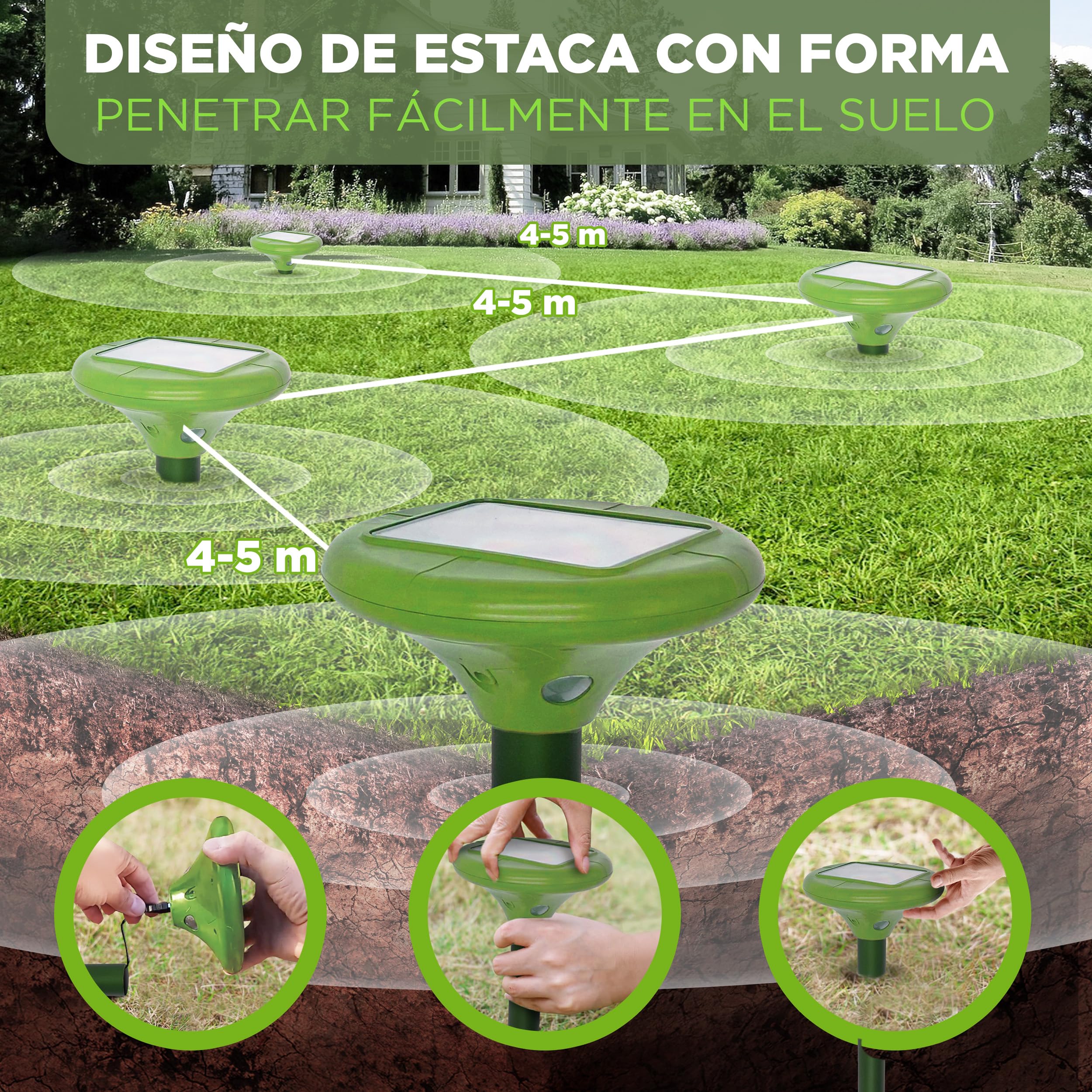 ISOTRONIC Repelente para Topos, topillos y Serpientes: Repelente Solar con estaca para jardín con Alcance Efectivo de 1250 m² (3 Unidades).