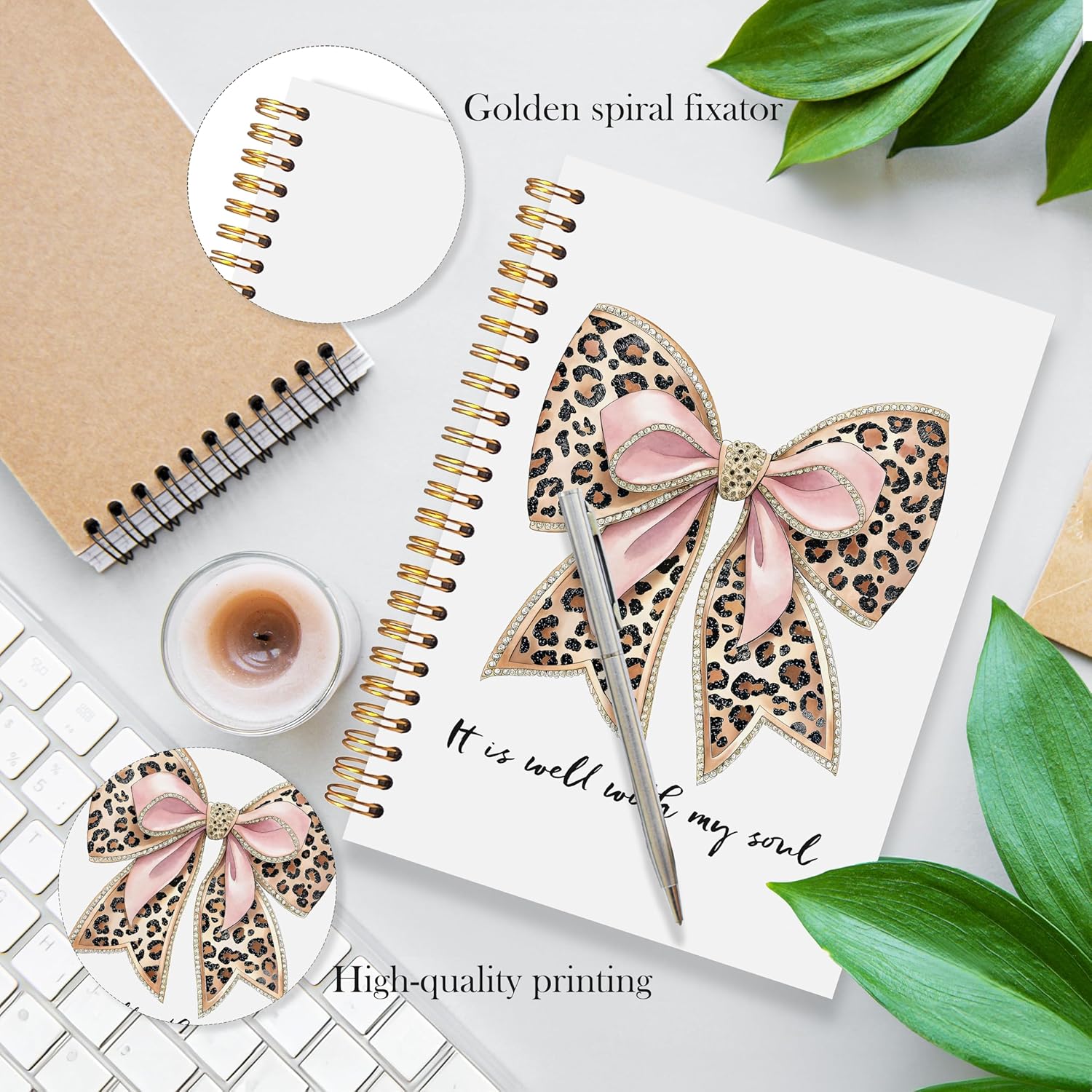 Coquette Leopard Print Bow Christian Spiral Notebook, It Is Well with My Soul Bible Journal for Women, Coquette Girly Office Supplies, Trendy Preppy Girly Aesthetic Notebooks, 5.5x8.3 - Image 2