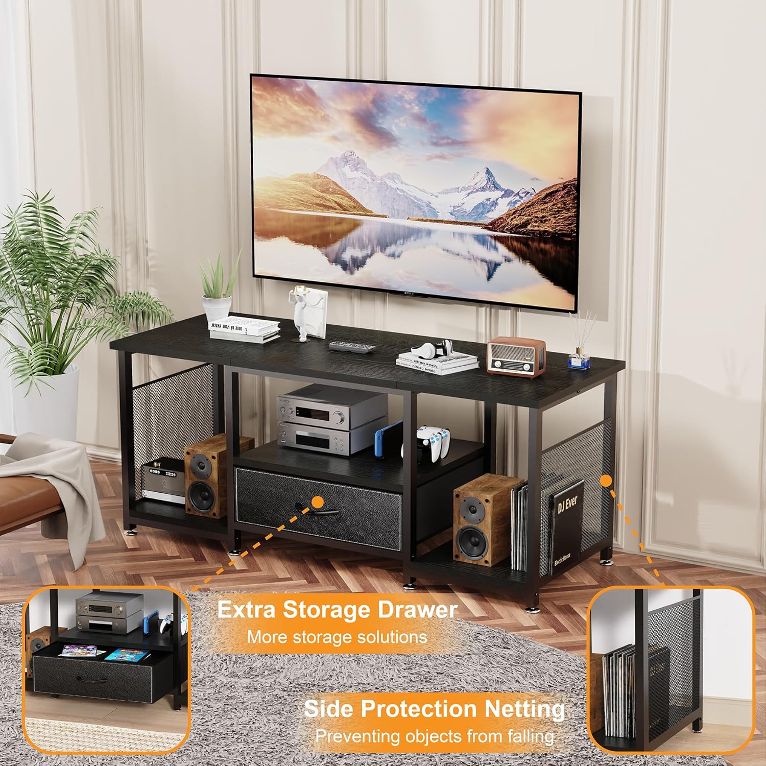 eiskah TV Stand with Drawers and Open Storage Shelves for 65 60 55 Inch TV, Entertainment Center with Open Storage Shelves, Industrial Media TV Console Table for Living Room Bedroom Office, Black