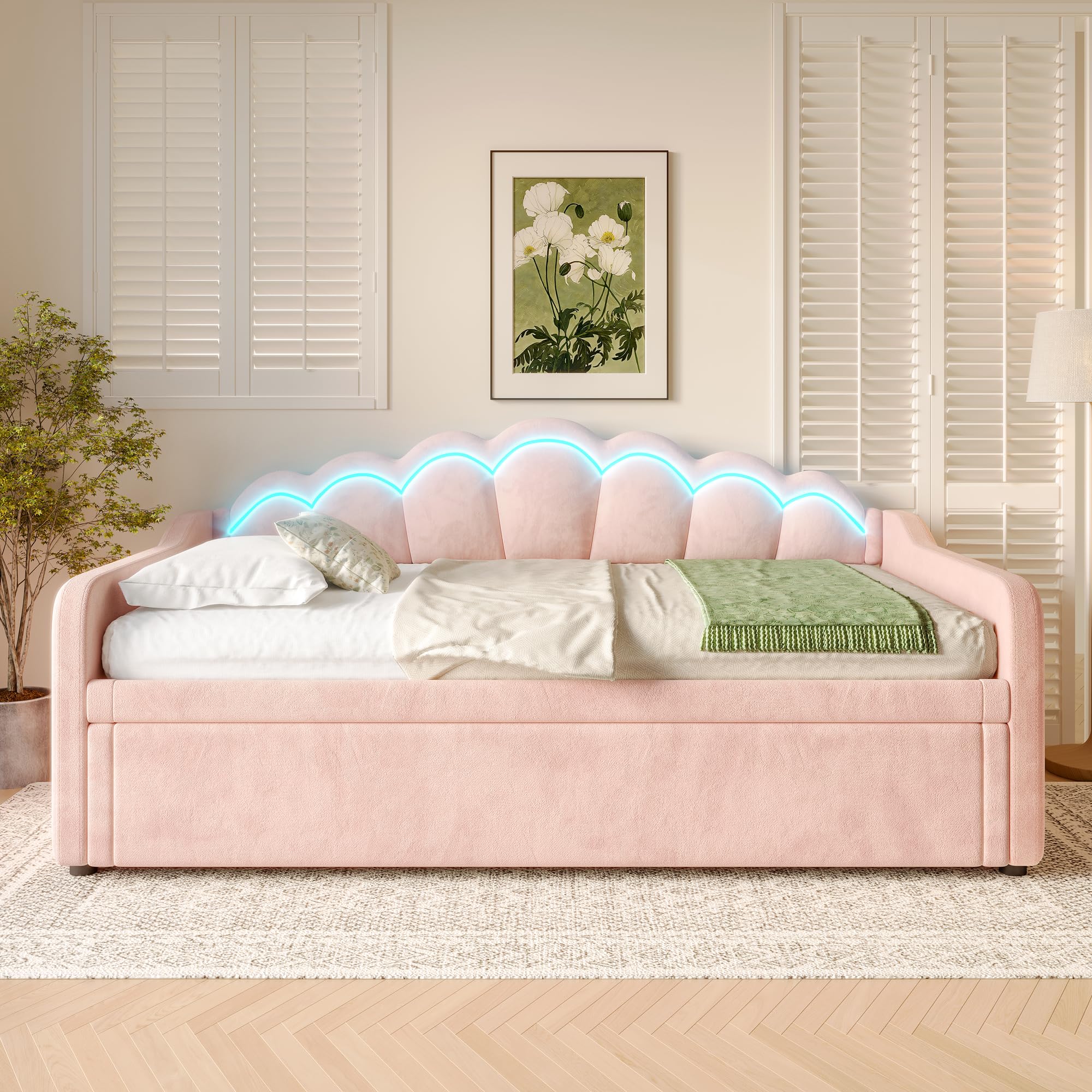 Lexiou Cama de día con cama nido, sofá cama, cama individual (sin colchón), cama doble, terciopelo, tira LED que cambia de color, 90 x 200 cm (180 x 200 cm) (rosa)