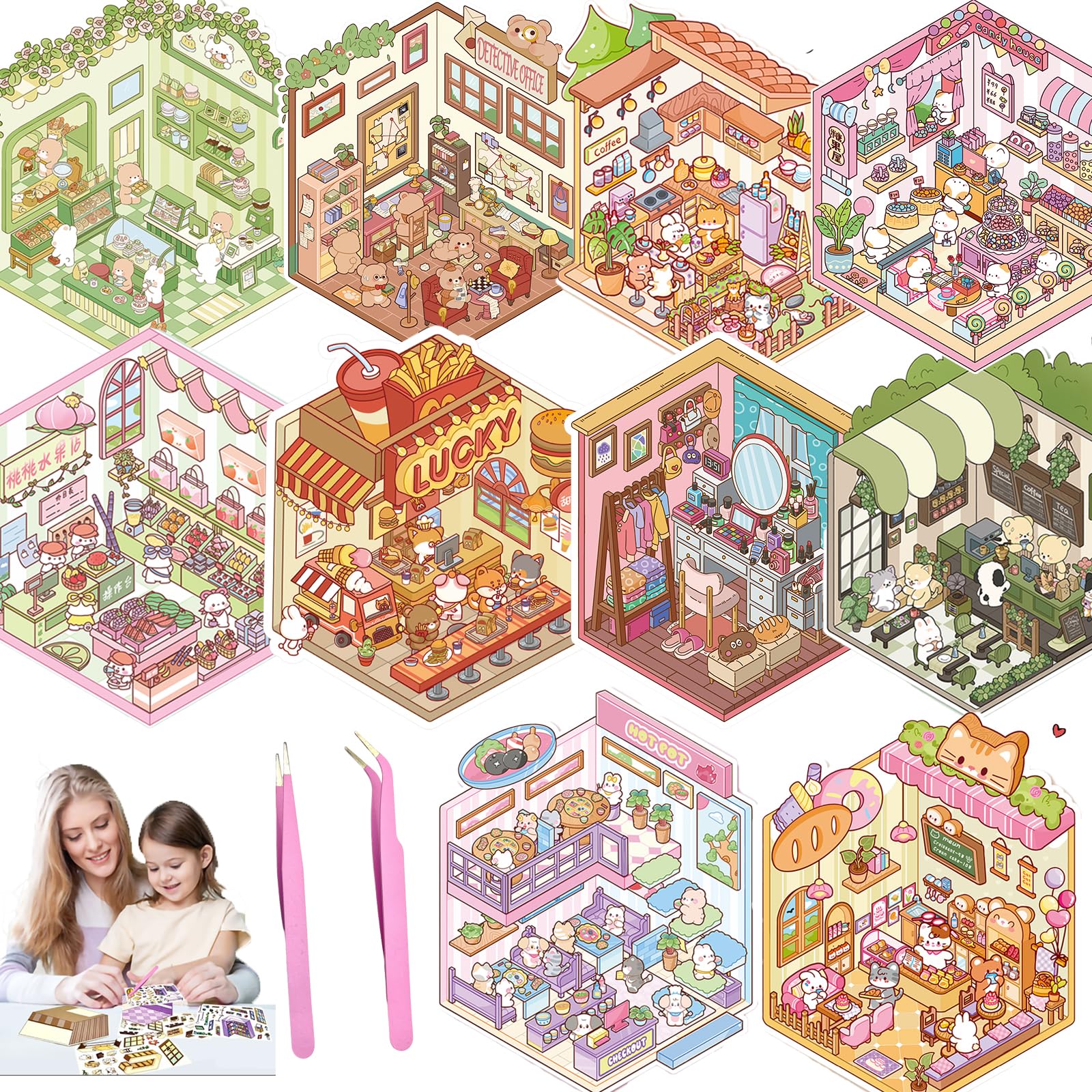 DIY 3D House Stickers Kit 10 Style Set Non-Toxic & Safe 3D Miniature Scene Therapy for Kids and Adults Stress Relief Sticker Scenes with Tweezers Fun DIY Sticker Therapy Kit for Age 3+