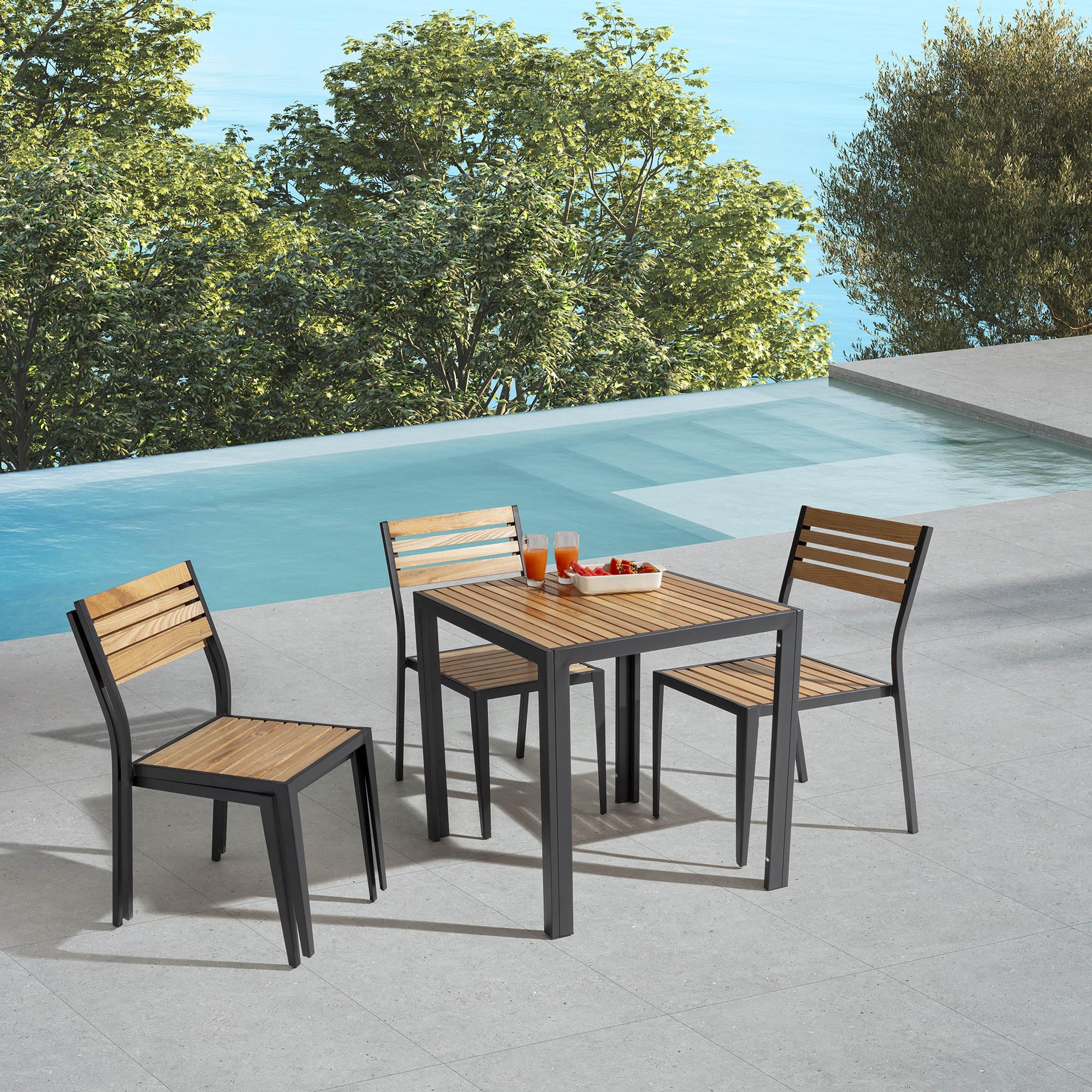 HOMN LIVING Mesa de Jardín Coral Cuadrada de Madera y Metal Negro, 70x70x72 cm