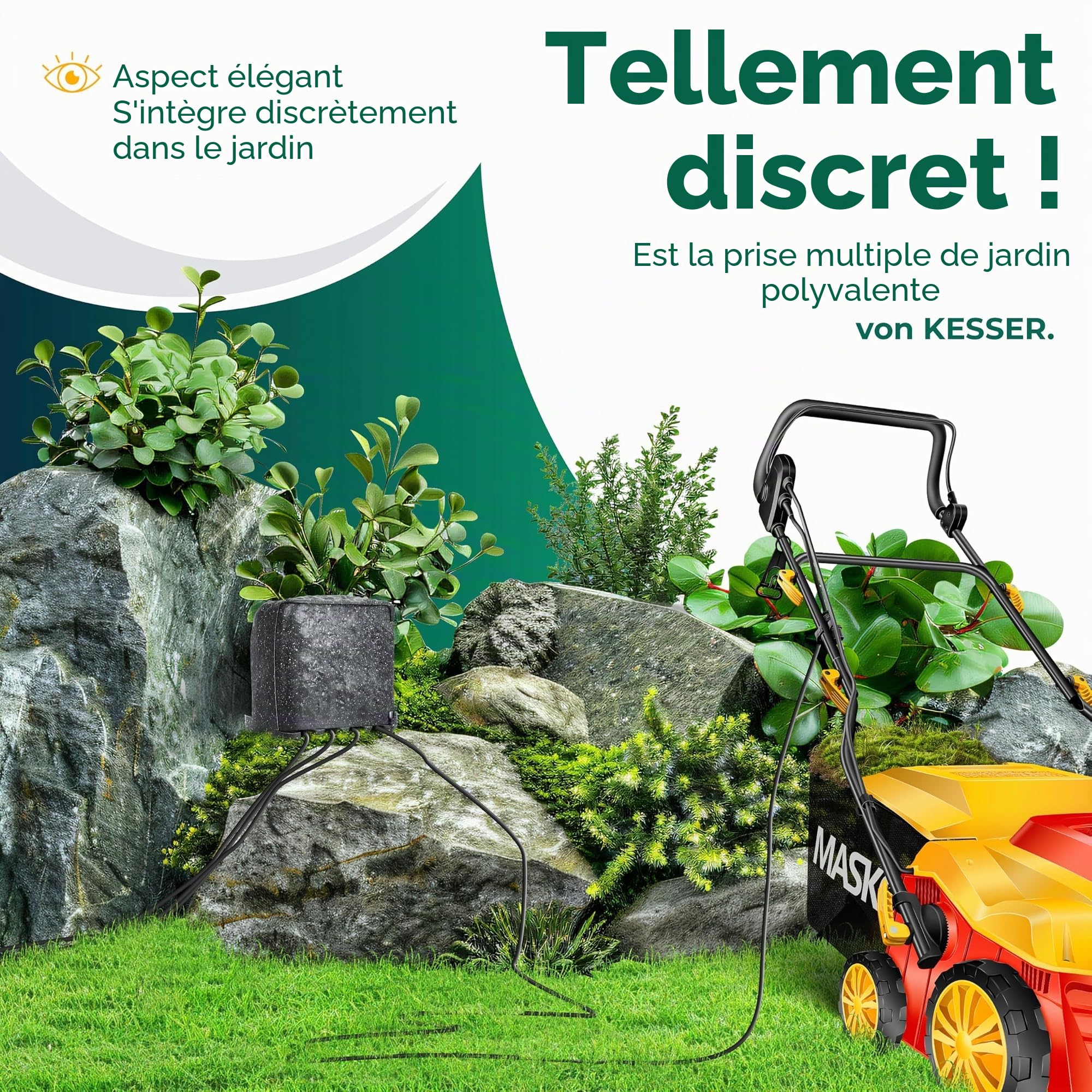 KESSER® Prise de jardin aspect pierre 4 prises - Prise extérieure étanche IP44 - Prise multiple pour extérieur jardin terrasse avec capteur crépusculaire - Câble de 3 m - 3680 W - 16 A + kit de
