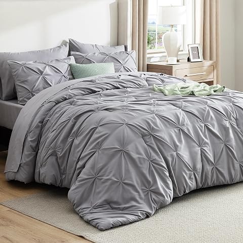 Bedsure King Size Comforter Set - Bedding Sets King 7 Pieces Pintuck Bed in a Bag Grey Bed