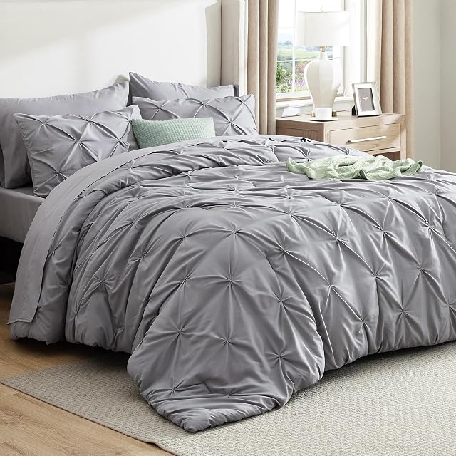 Bedsure King Size Comforter Set - Bedding Sets King 7 Pieces Pintuck Bed in a Bag Grey Bed