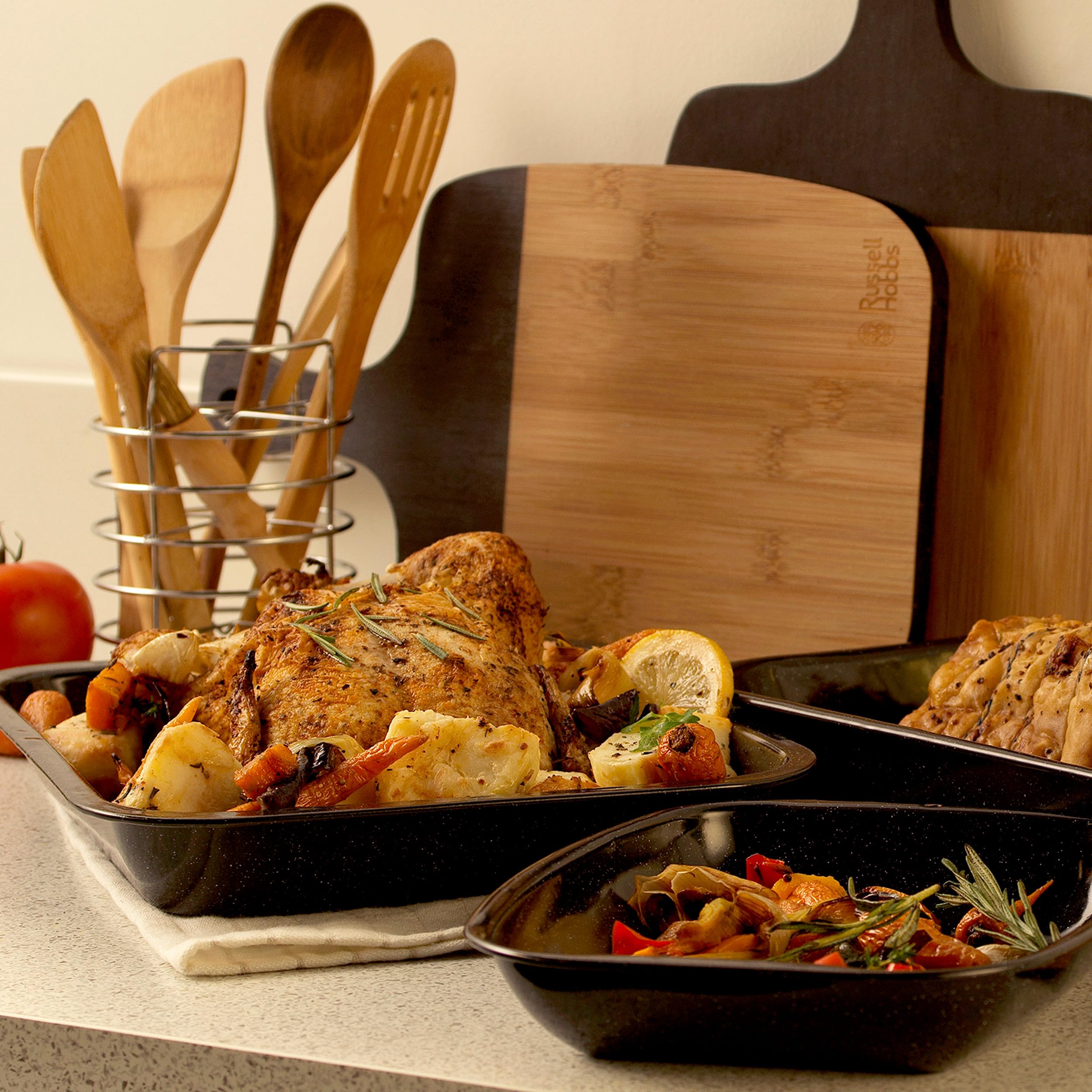 Russell Hobbs COMBO-8235A - Juego de bandeja para hornear y asar, 5 piezas de acero recubierto de esmalte vítreo, con latas para asar, bandeja de picar, bandeja plana para horno, fácil de limpiar,