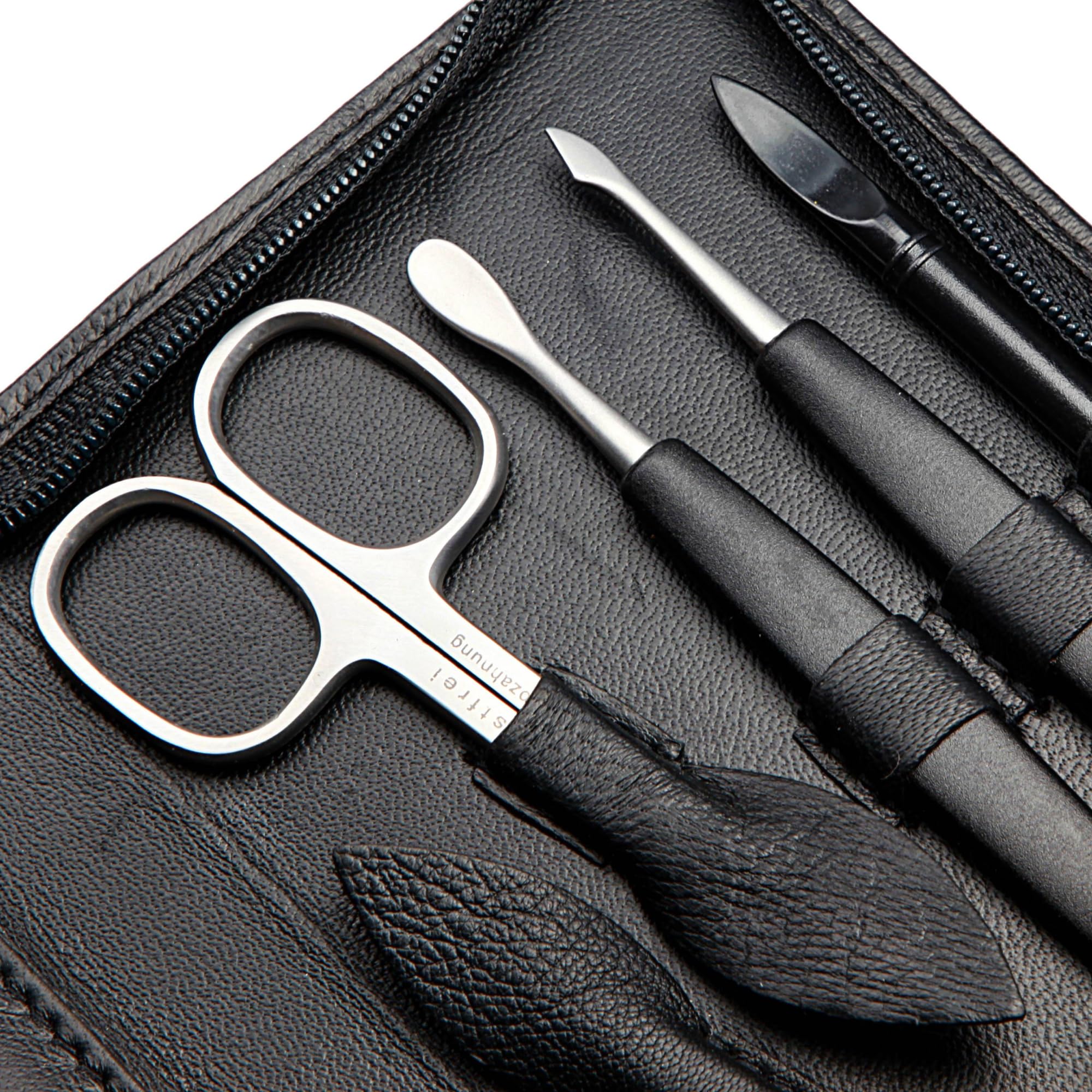 Hans Kniebes Maniküre Set 9-teilig Schwarz – Profi Nagelpflege & Pediküre Set aus Edelstahl – Nappa Leder Etui mit Reißverschluss – Nagelschere, Zangen & Knipser – Premium Manikürbesteck