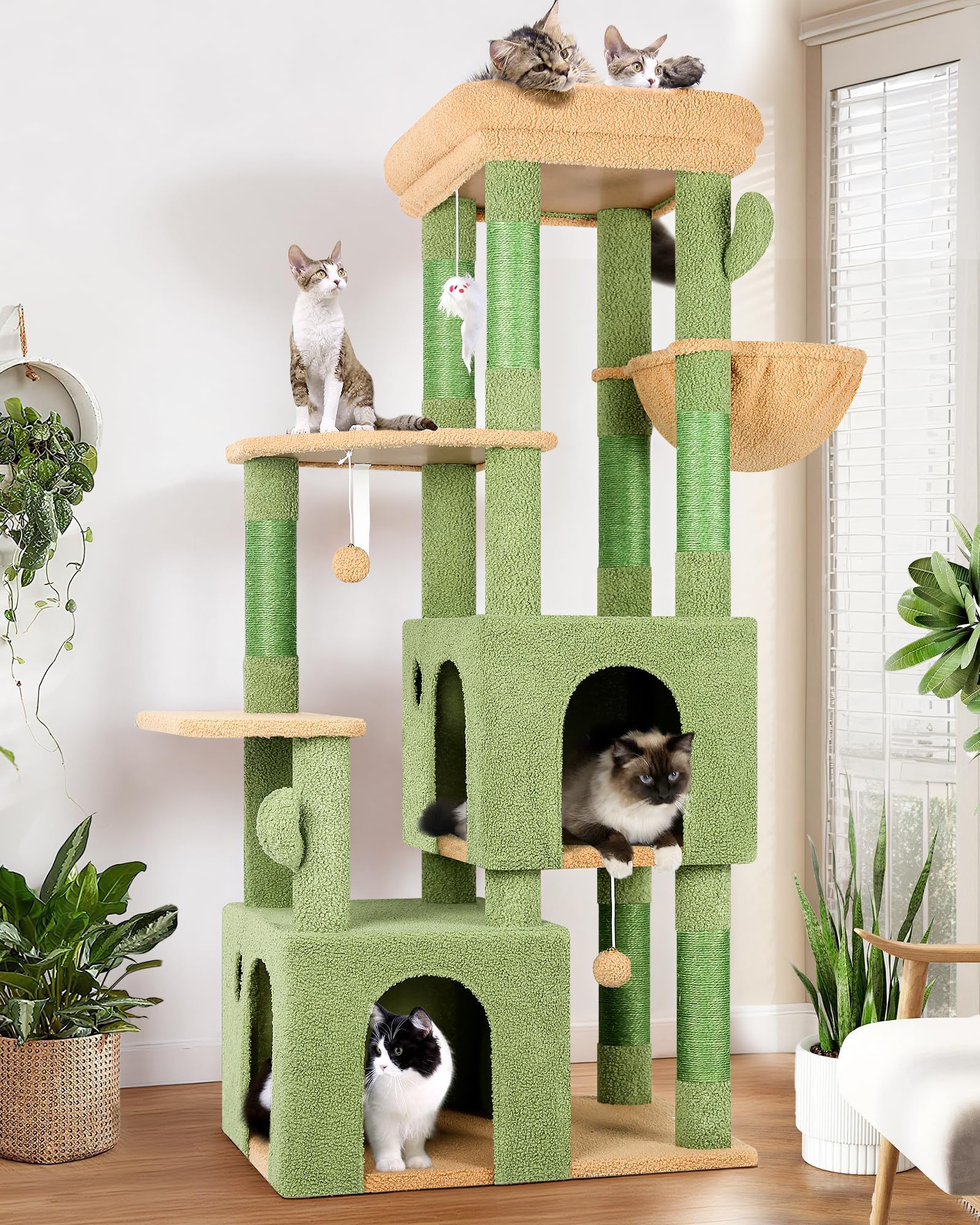Cactus Cat Tower for Indoor Cats, Heavy Duty Cat Trees for Large Cats Adult Big Cats Maine Coon Cat Tree Tower with Scratching Post, Extra Large Top Perch, Cat Condos, F61, Green, 61inch