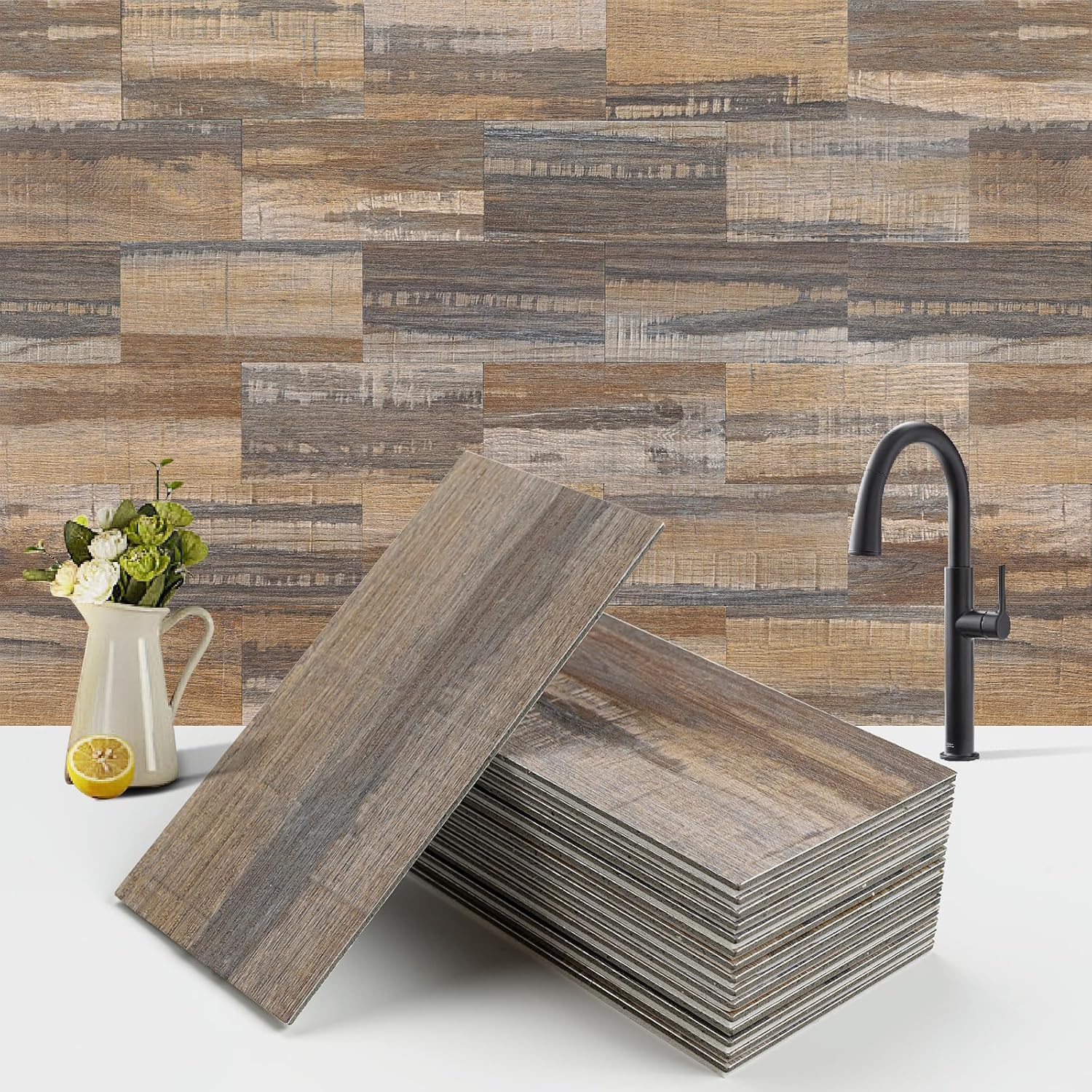 100-Piece Faux Stone Peel and Stick Backsplash Tile, Waterproof Thick PVC Stick On Subway Wall Tile for Kitchen Bathroom Laundry Room Fireplace - 3" x 6"