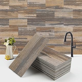 100-Piece Faux Stone Peel and Stick Backsplash Tile, Waterproof Thick PVC Stick On Subway Wall Tile for Kitchen Bathroom Laundry Room Fireplace - 3" x 6", Tan Wood
