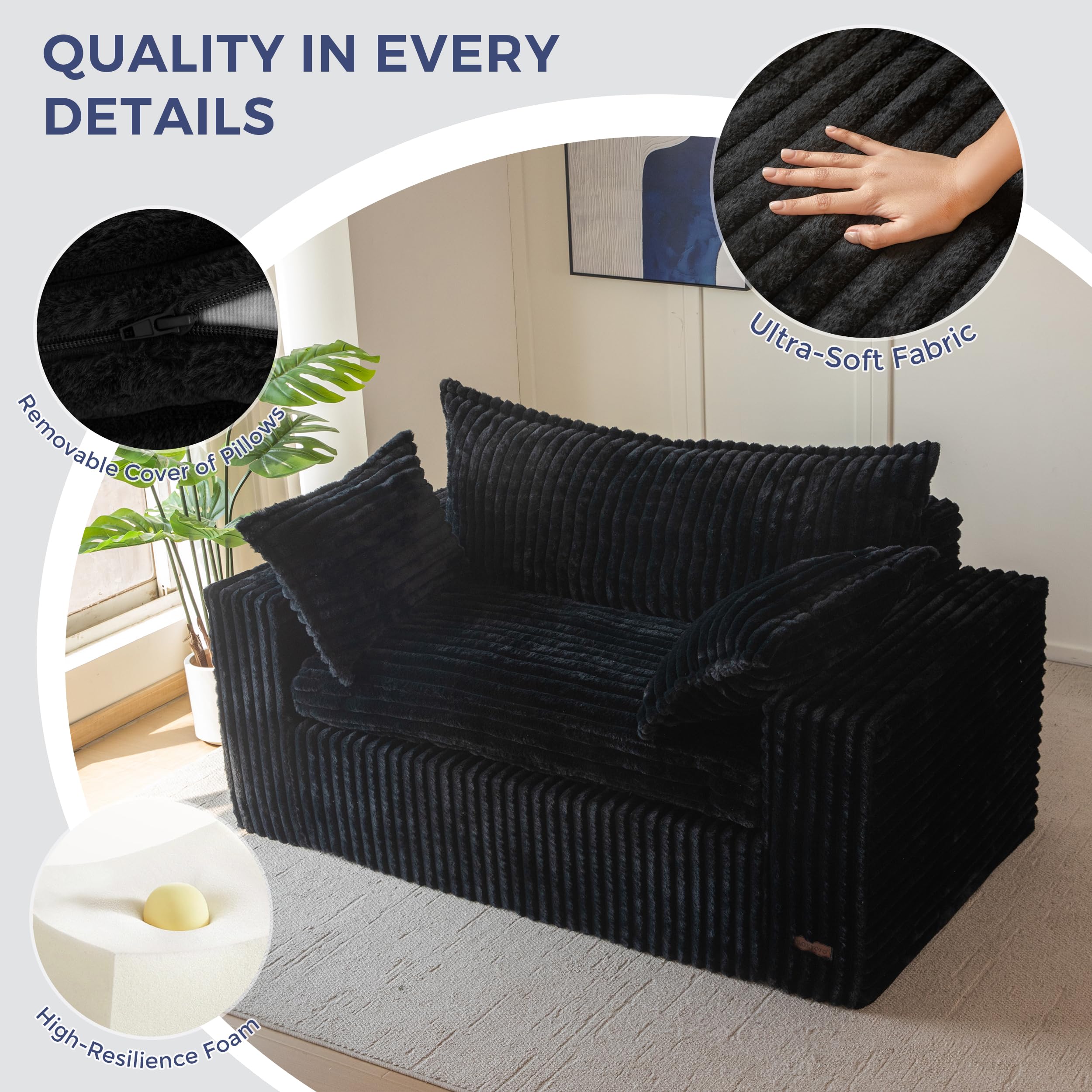 Puf para sala de estar, sofá biplaza tapizado con asiento profundo, reposabrazos anchos, sofá sin hueso en una caja para dormitorio, oficina, apartamento, sin montaje, color negro 5