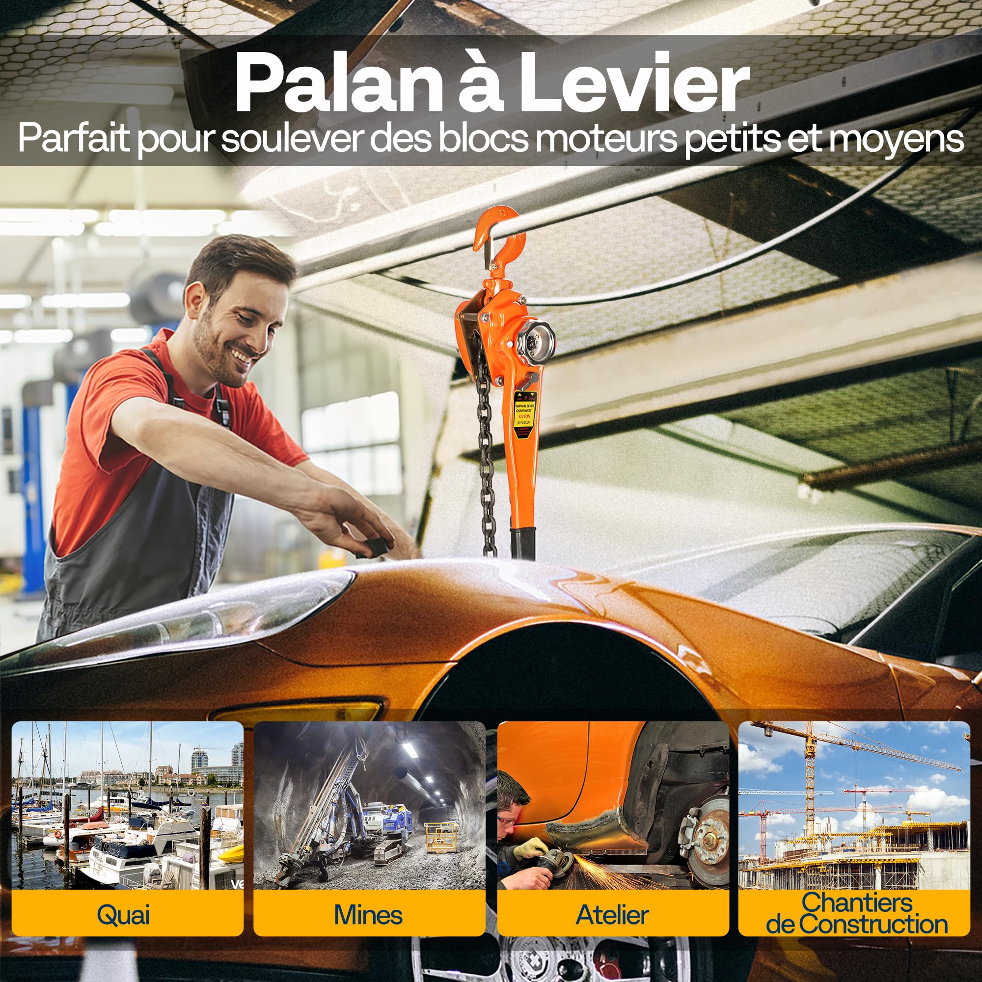 SPECSTAR Palan à Levier Manuel 1500kg Palan à Chaîne à Cliquet G80 Frein Double Cliquet Guidage de Chaîne Crochet Orientable à 360° pour Marchandises Garage Quai Usine