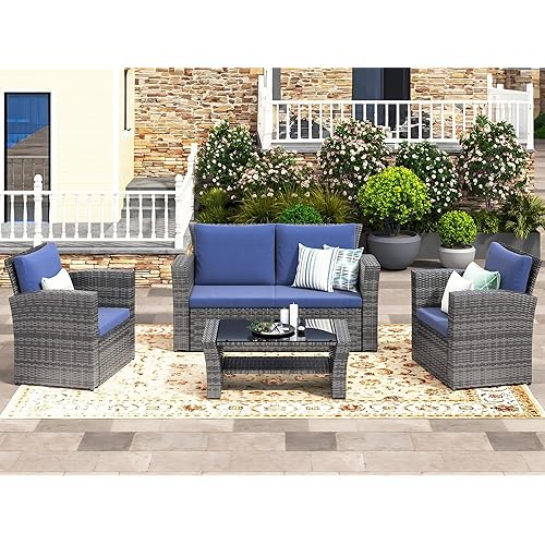 Wisteria Lane 4 Piece Patio Furniture Set, Wicker Outdoor Patio Conversation Furniture Set, All Weather Outdoor Patio Sofa with Cushion and Glass Table, Dark Blue