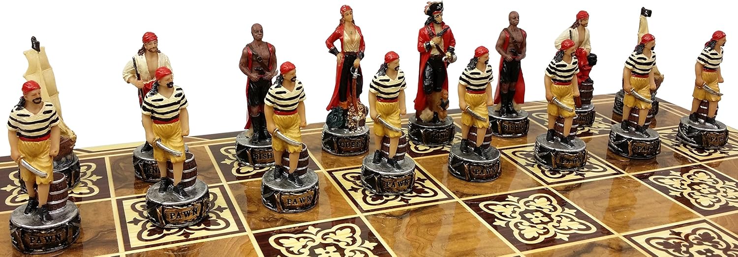 HPL Pirates vs Royal Navy Chess Set W/ 17" Burlwood Color Board
