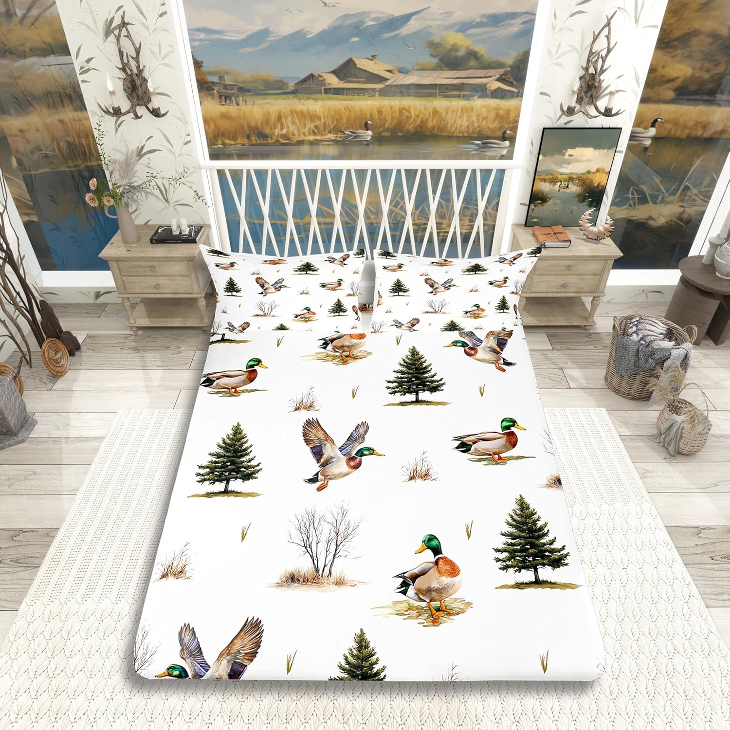 Erosebridal Mallard Duck Hunting Fitted Sheet Full Size,Woodland Tree Botanical Branches Bed Sheets with Deep Pocket,Flying Duck Wildlife Safari Animal Bedding Set,Rustic Farmhouse Sheets