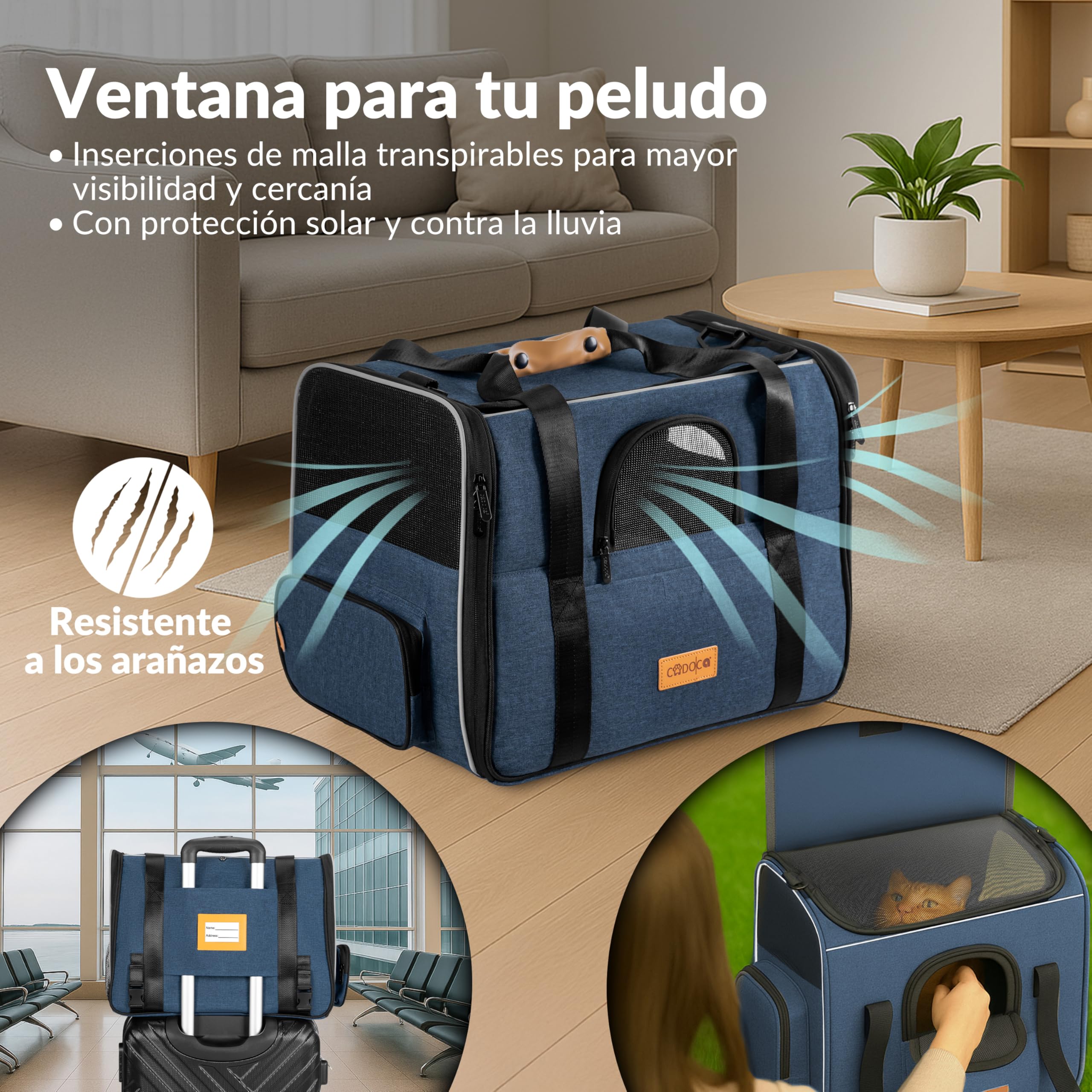 CADOCA® Transportín Perros Gatos Plegable Bolsa Transporte Mascotas Cojín Comedero Bandas Reflectantes Compacto Ligero Viajes Coche Tren Azul