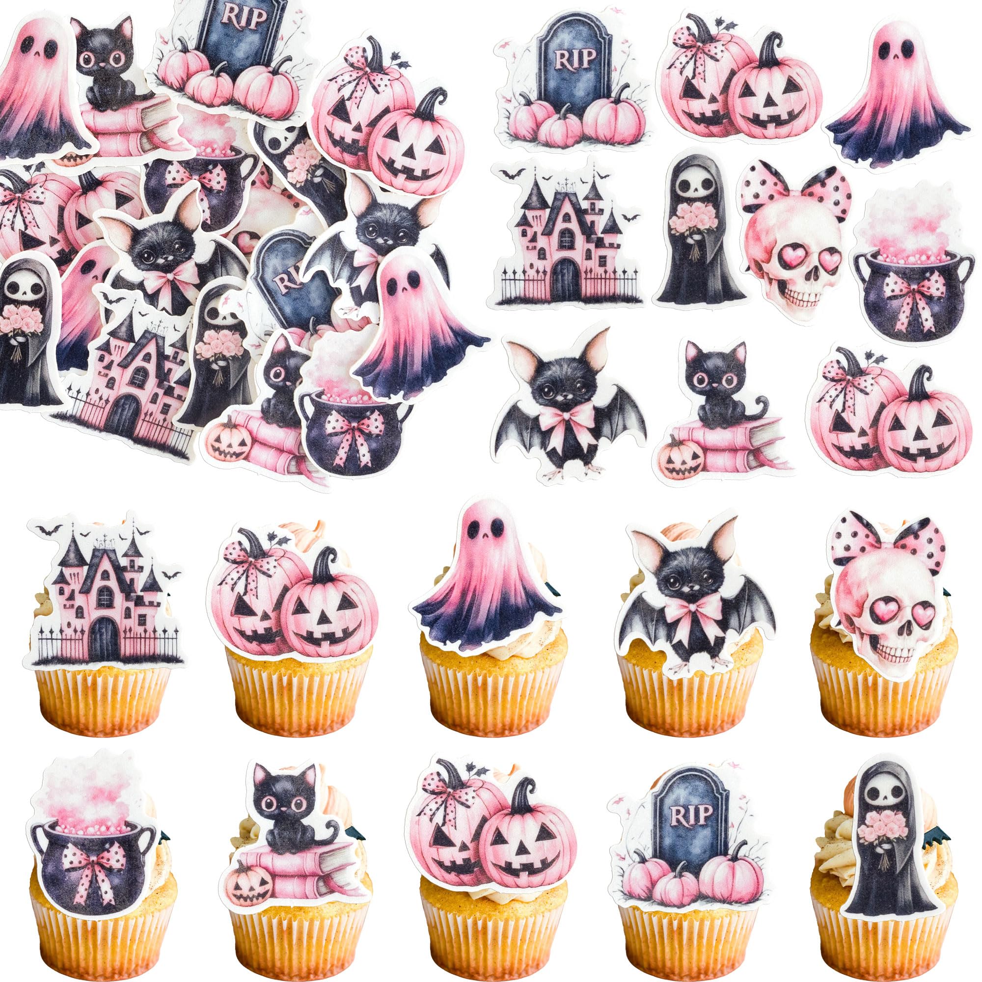 Gyufise 54Pcs Pink Halloween Cupcake Toppers Wafer Paper Spooky Bat Pumpkin Cupcake Picks Pink Skull Little Boo Cupcake Toppers for Halloween Eve Theme Party Birthday Decor Supplies