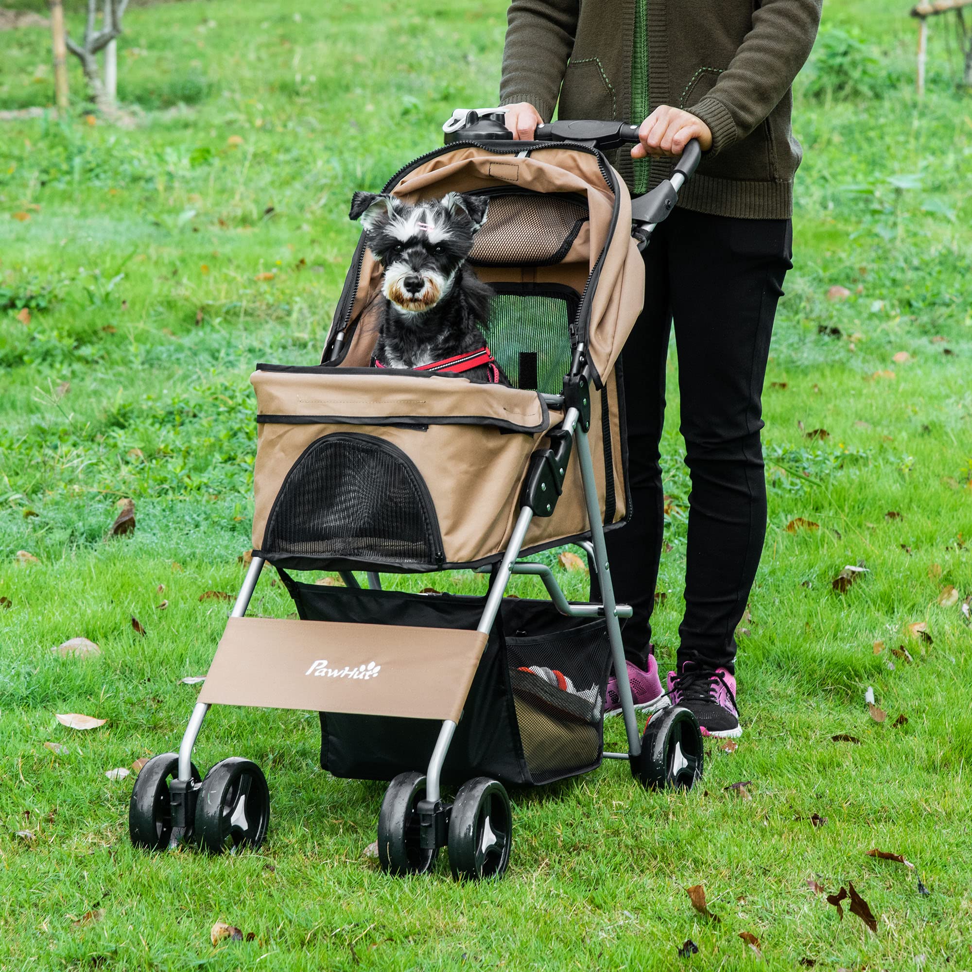 PawHut Poussette pliable chat chien XS/petits Café | Porte-gobelet, transporteur à 4 roues avec freins, roues avant pivotantes à 360°, panier de rangement