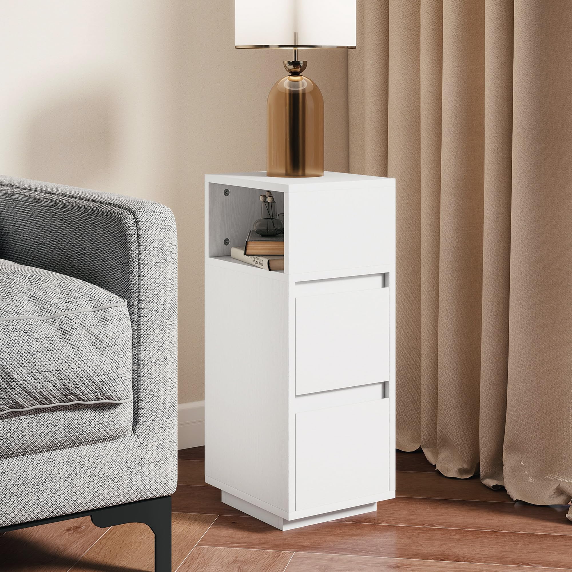HOMCOM Set di 2 Comodini Camera da Letto Stretti e Alti 25x30x65 cm Bianco | Con 2 Cassetti e Ripiano Aperto, Comodini Moderni Salvaspazio, Tavolini per Divano, Soggiorno, Salotto e Camera