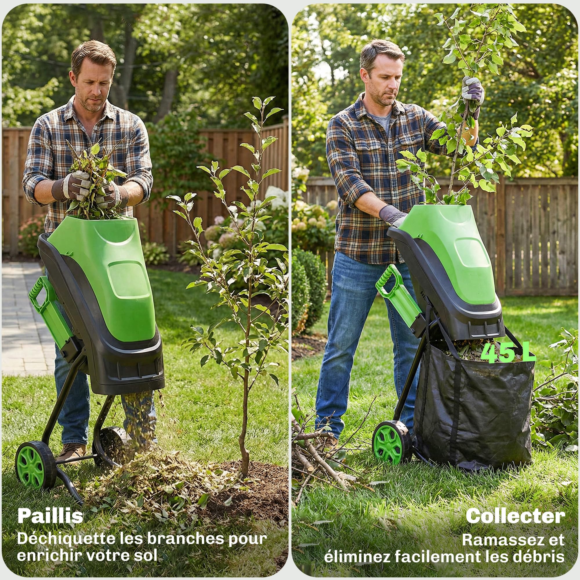 Outsunny Broyeur de Végétaux Électrique 2500 W, Sac de Collecte 45L, 4300 tr/min, 2 Lames en Acier, Poussoir, Roues, Broyeur de Branches pour Coupe de Branches 44mm, Vert