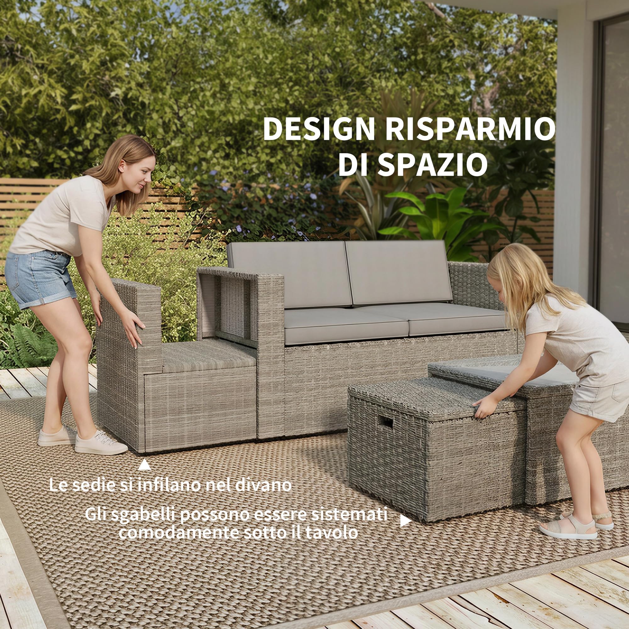 Outsunny Set Salotto da Giardino in Rattan 6 Pezzi, Set di Mobili da Giardino Sovrapponibili Salvaspazio in Acciaio con Divano 2 Posti, 2 Poltrone, 2 Poggiapiedi, Tavolo Vetro, Cuscini, Grigio Scuro