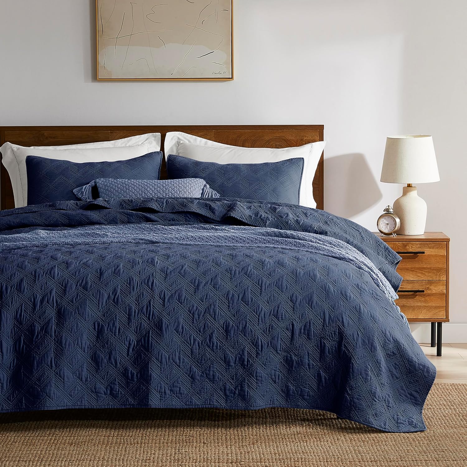 WDCOZY 100% Cotton Oversized King Quilt Set - Navy Blue California Cal King Size Soft Lightweight Modern Bedspread, Farmhouse Country Rustic Coverlet, Textured Like Linen, Shabby Chic Bedding - Image 2