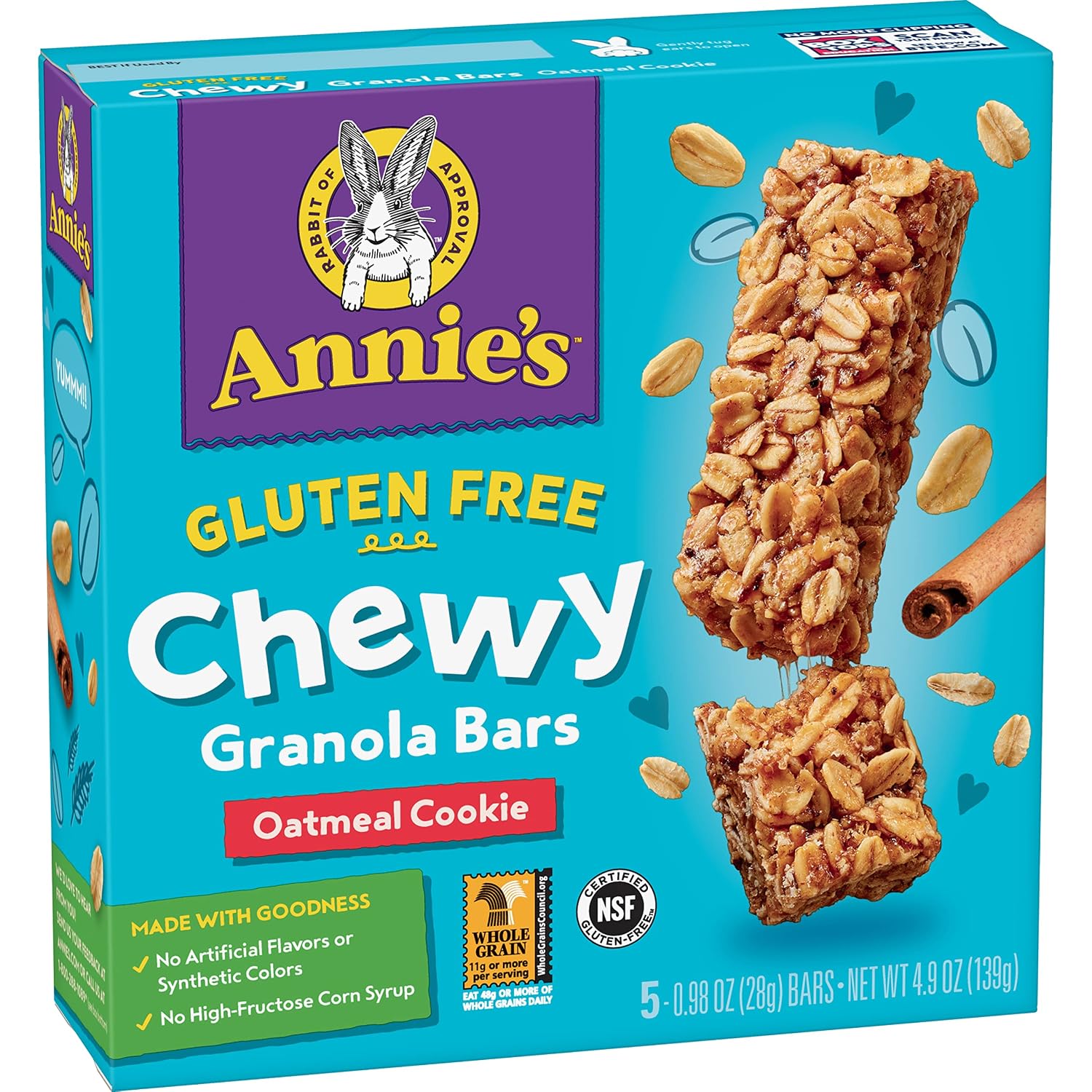 Annie's Homegrown Gluten Free Chewy Granola Bars, Oatmeal Cookie, 4.9 oz, 5 ct
