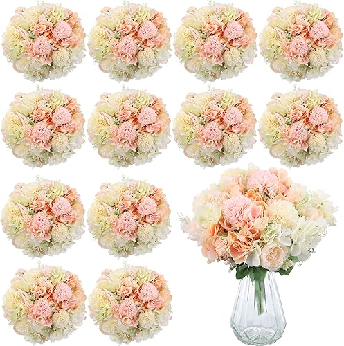 Zeyune 12 piezas de hortensias artificiales de seda falsas, ramo de peonía, decoración de claveles de plástico, arreglos de flores realistas a