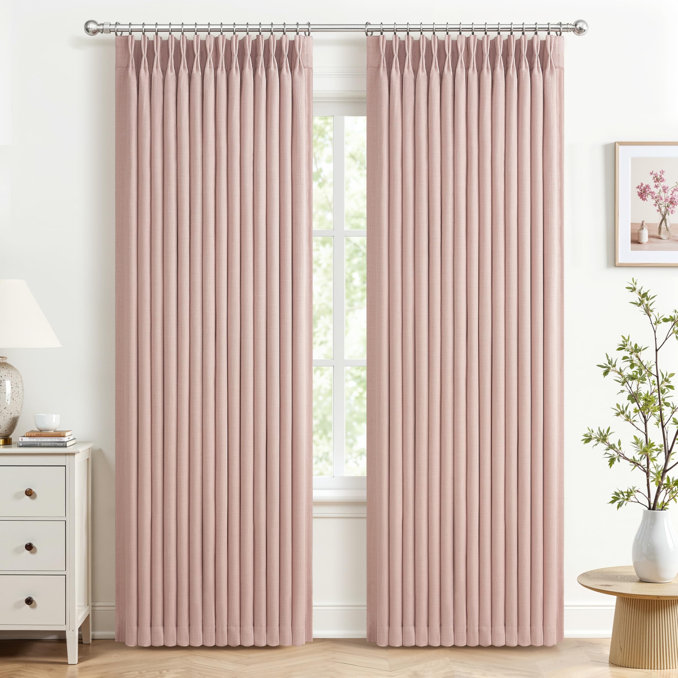 Blush Pink Double Layer Linen Pinch Pleated Curtains 90 Inches Long for Kids Room 2 Panels Set, Beautiful Memory Shape Blackout Insulated Noise Reducing Textured Viral Windows Drapes 40 x 90 Length