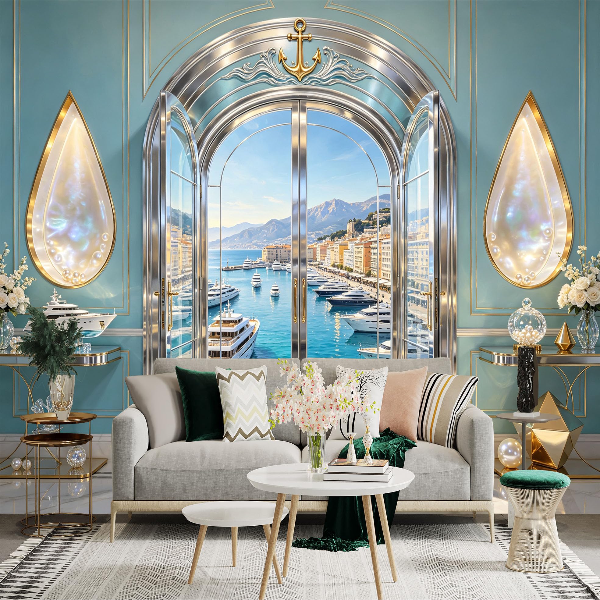 Custom Size Wall Sticker Mural， Luxury Coastal Marina View， Open Arch Window， Yacht Harbor and Blue Sea， for wall Decoration， peelandstick wall Decals.