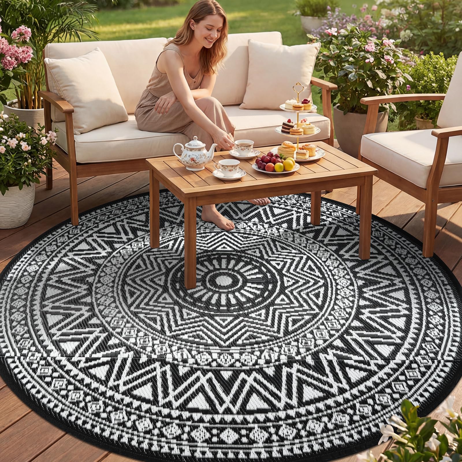 IMIYOKU Large Outdoor Rug for Patios Waterproof 240cm Round Outdoor Garden Rugs Reversible Boho Mats Lightweight Plastic Black Outdoor Area Rug for RV, Balcony, Beach, Backyard, Picnic, Porch, Deck