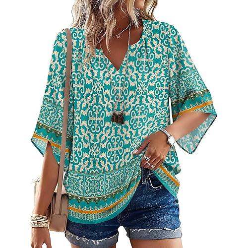 LOMON Women's 3/4 Length Sleeve Boho Tops V Neck Casual Vacation Clothes Loose Fit Tunic Shirts S-3XL