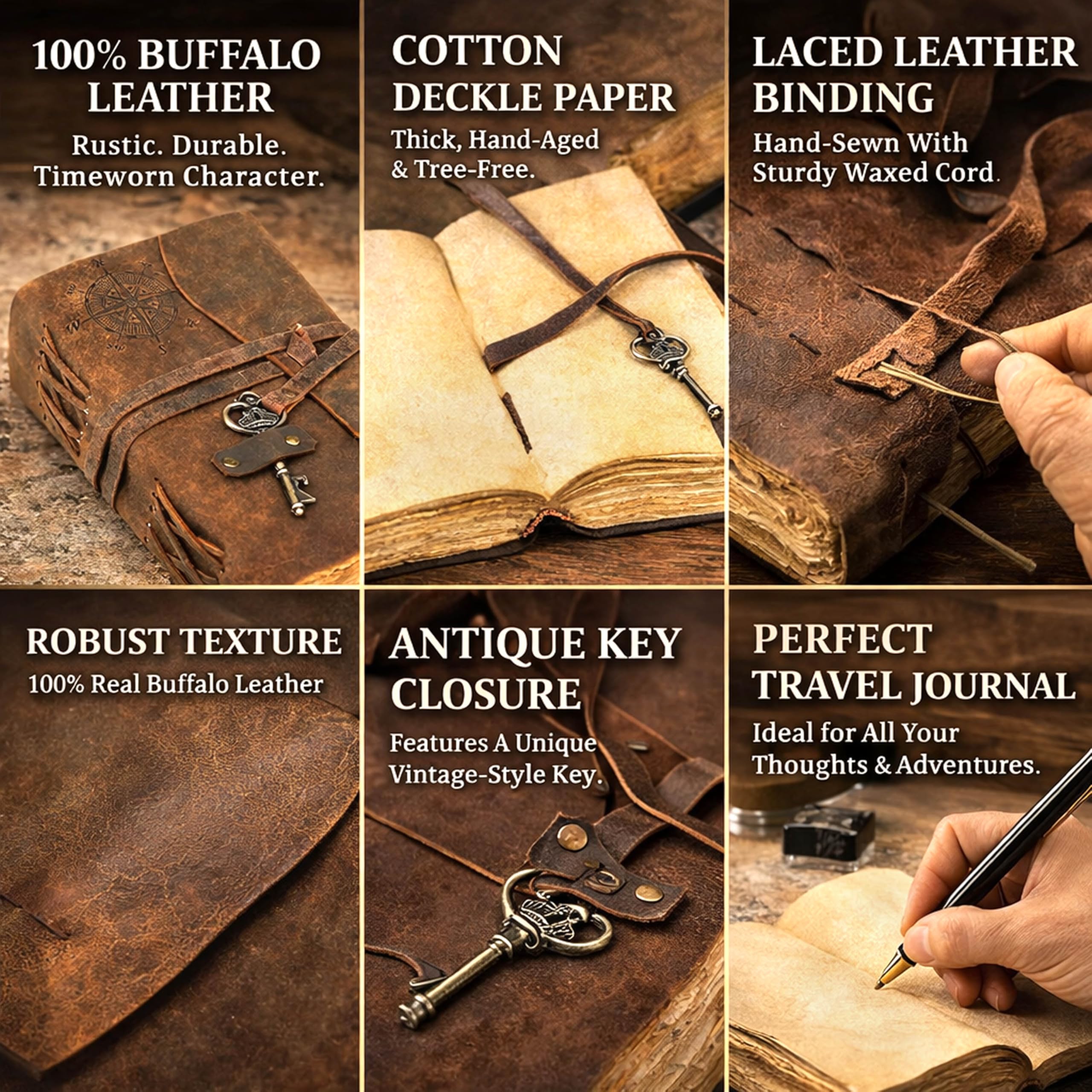 Boussole Journal vintage en cuir – Journal relié en cuir antique fait à la main avec papier à bords surélevés pour homme et femme – Carnet de croquis en cuir – Carnet de dessin – Cadeau (marron