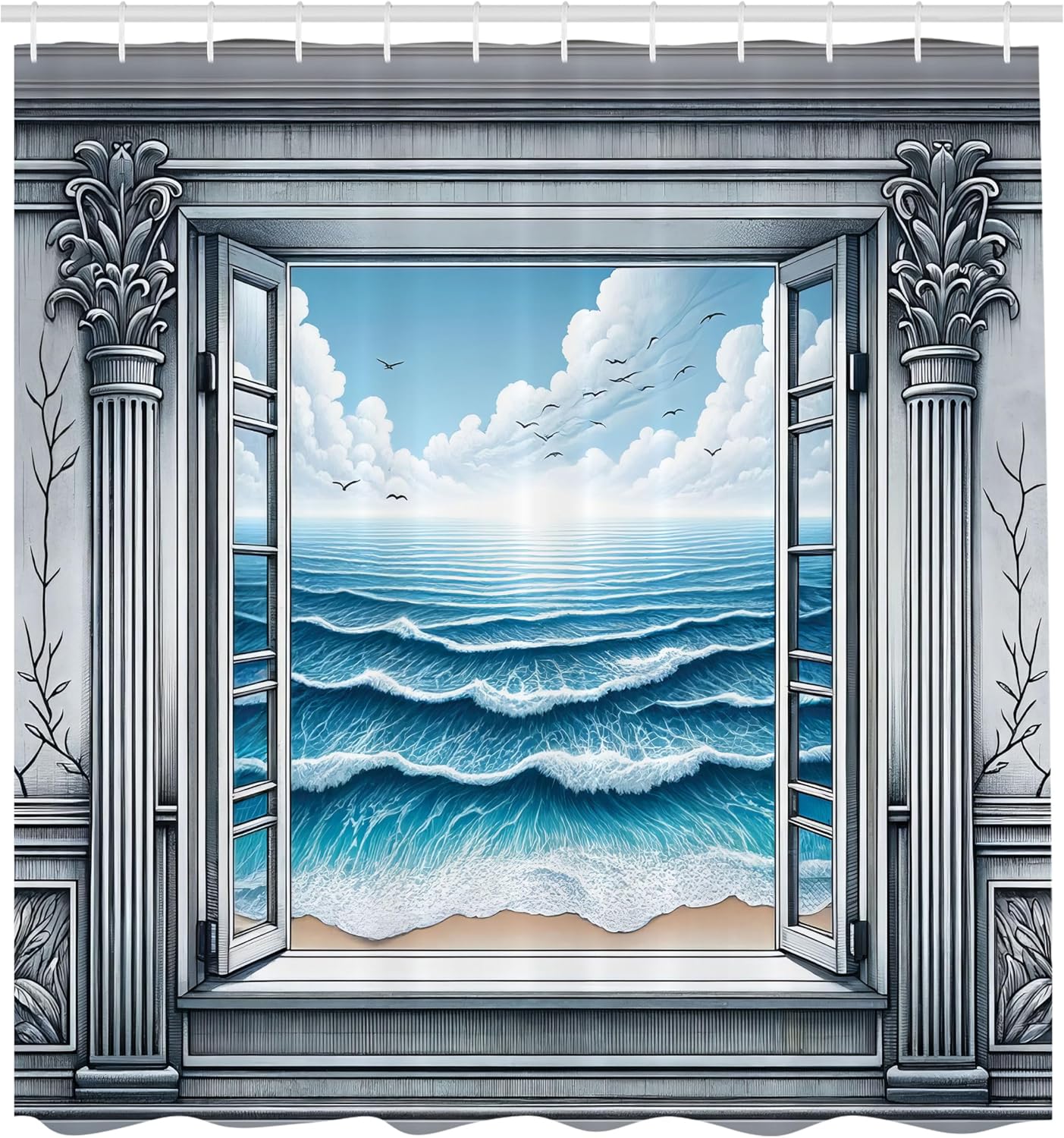 Ambesonne Ocean Shower Curtain, Wavy Sea Scenery with Cloudy Sky from a Historic Ornamental Window, Cloth Fabric Bathroom Decor Set with Hooks, 69" W x 70" L, Sea Blue Coconut and Camel