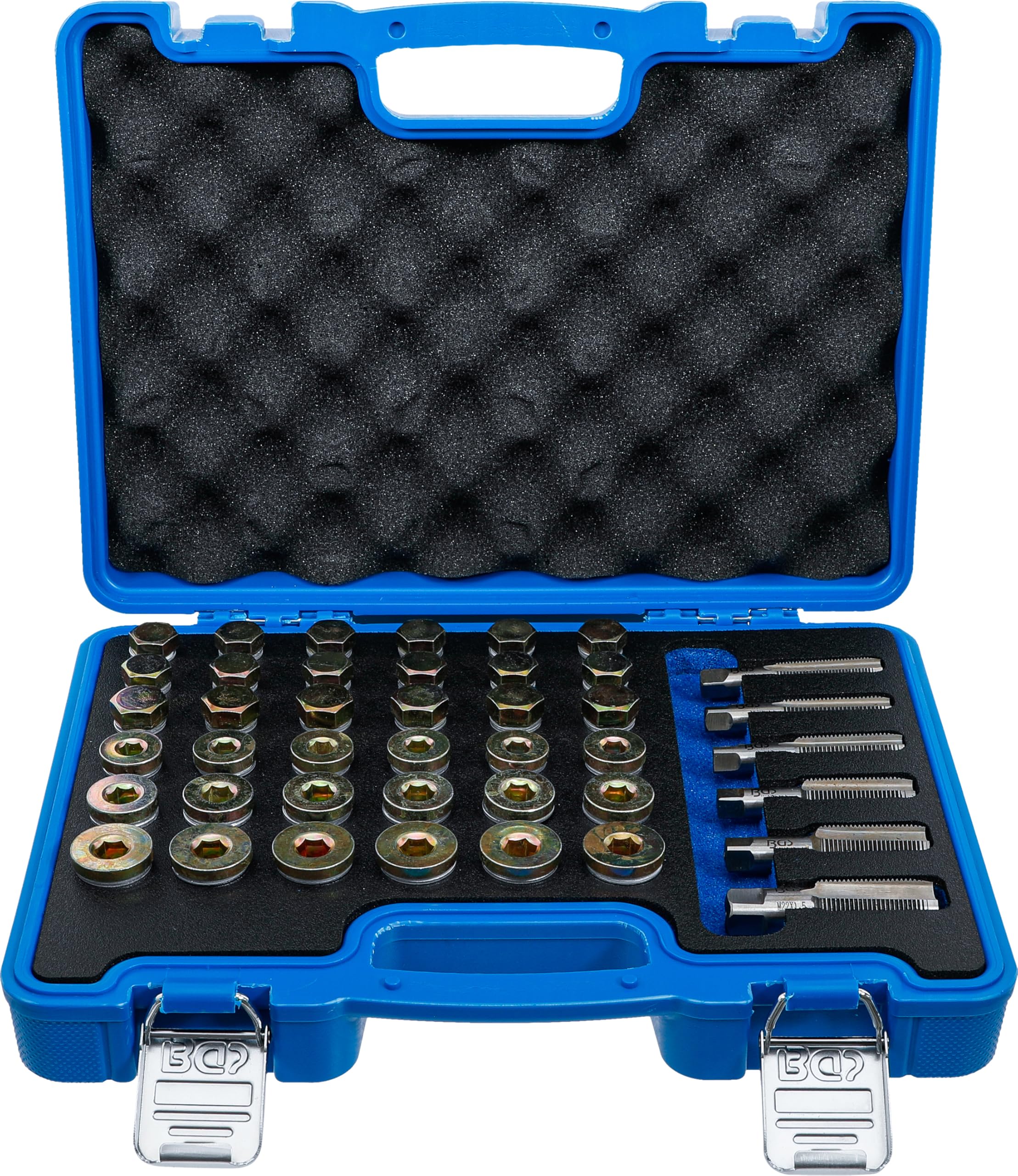 BGS 123 | Reparatursatz für Öl-Ablass-Gewinde | 114-tlg. | 6 Gewindebohrer | 6 Ölablassschrauben | 72 Alu-Dichtringe Ø 13, 15, 17, 20, 22 mm | Chrom-Molybdän-Stahl