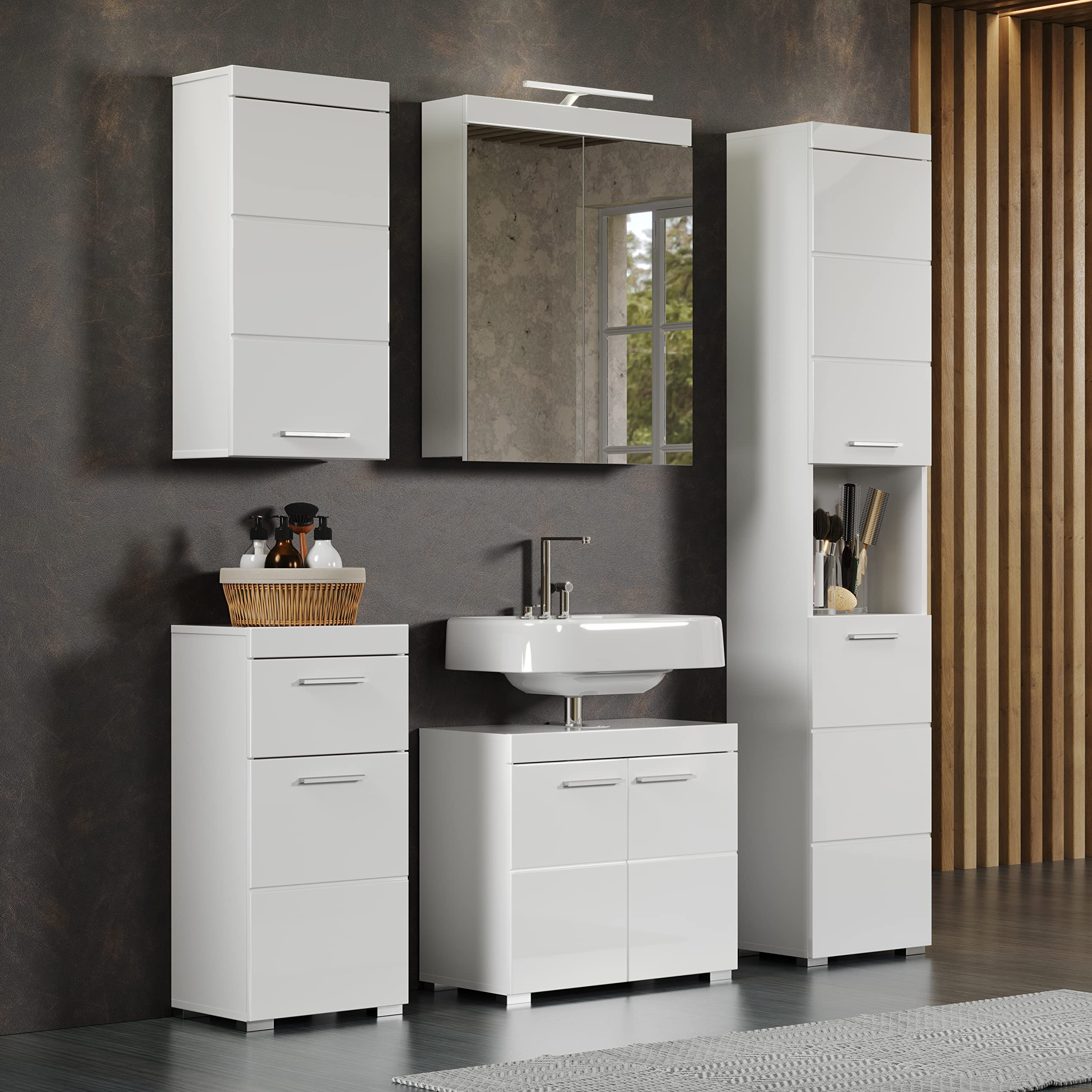 trendteam smart living - Amanda - Hochschrank - Weiß Hochglanz - Badezimmerschrank mit 2 verstellbaren Einlegeböden - (BxHxT) 37 x 190 x 31 cm - moderner Badschrank mit 4 Fächern und Einer Ablage